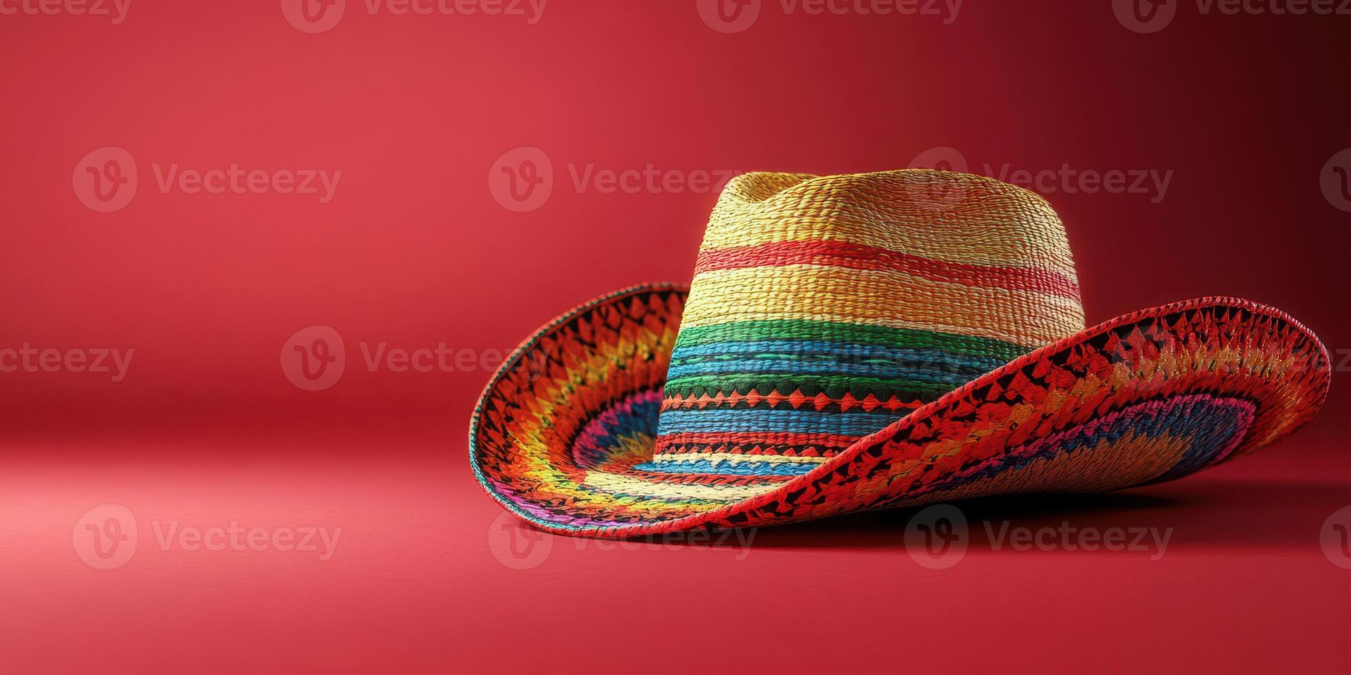 Colorful sombrero resting against a bright red background showcasing its vibrant design and unique texture photo