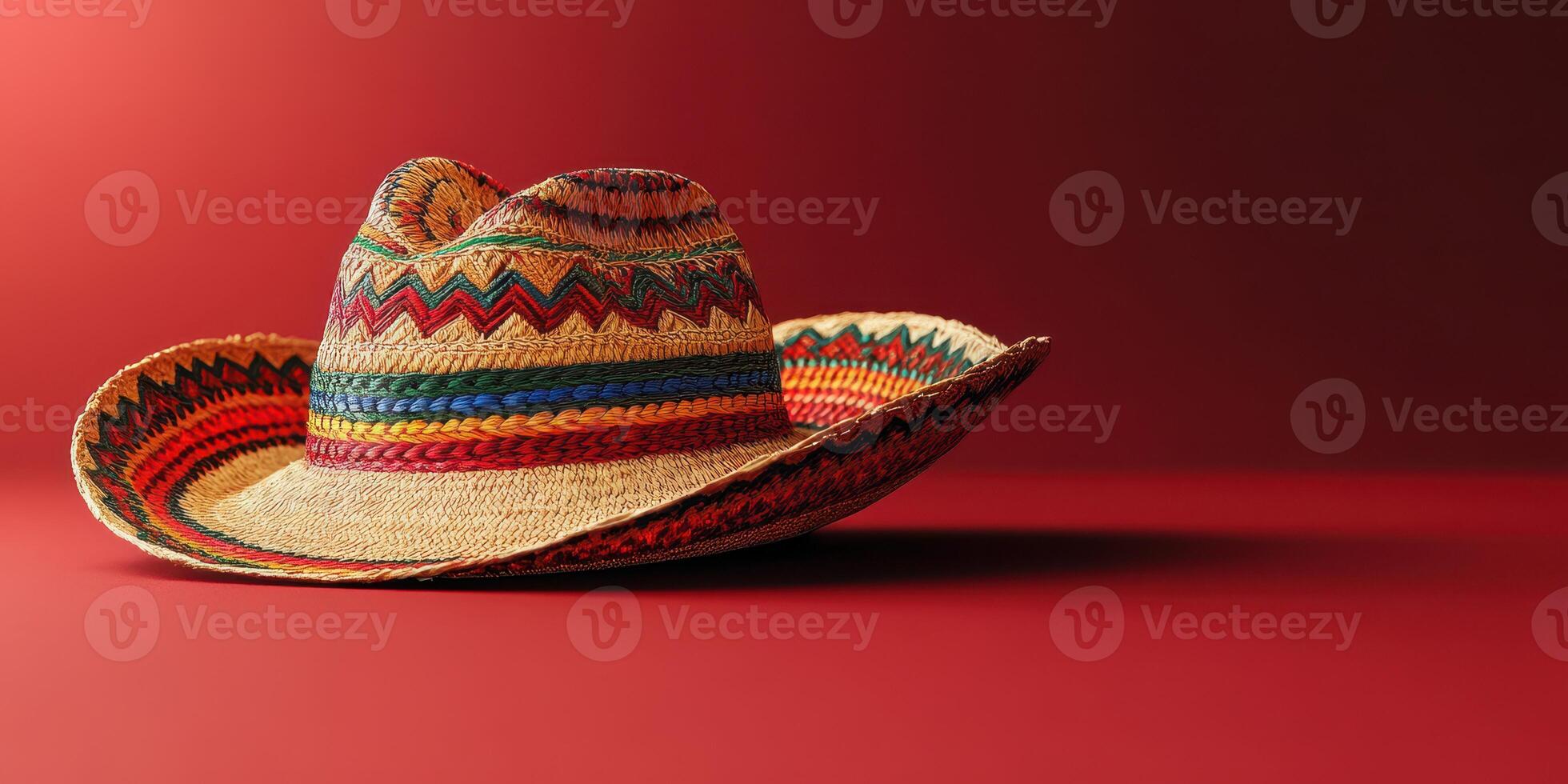 Colorful sombrero resting on a vibrant red surface with intricate patterns from traditional craftsmanship photo