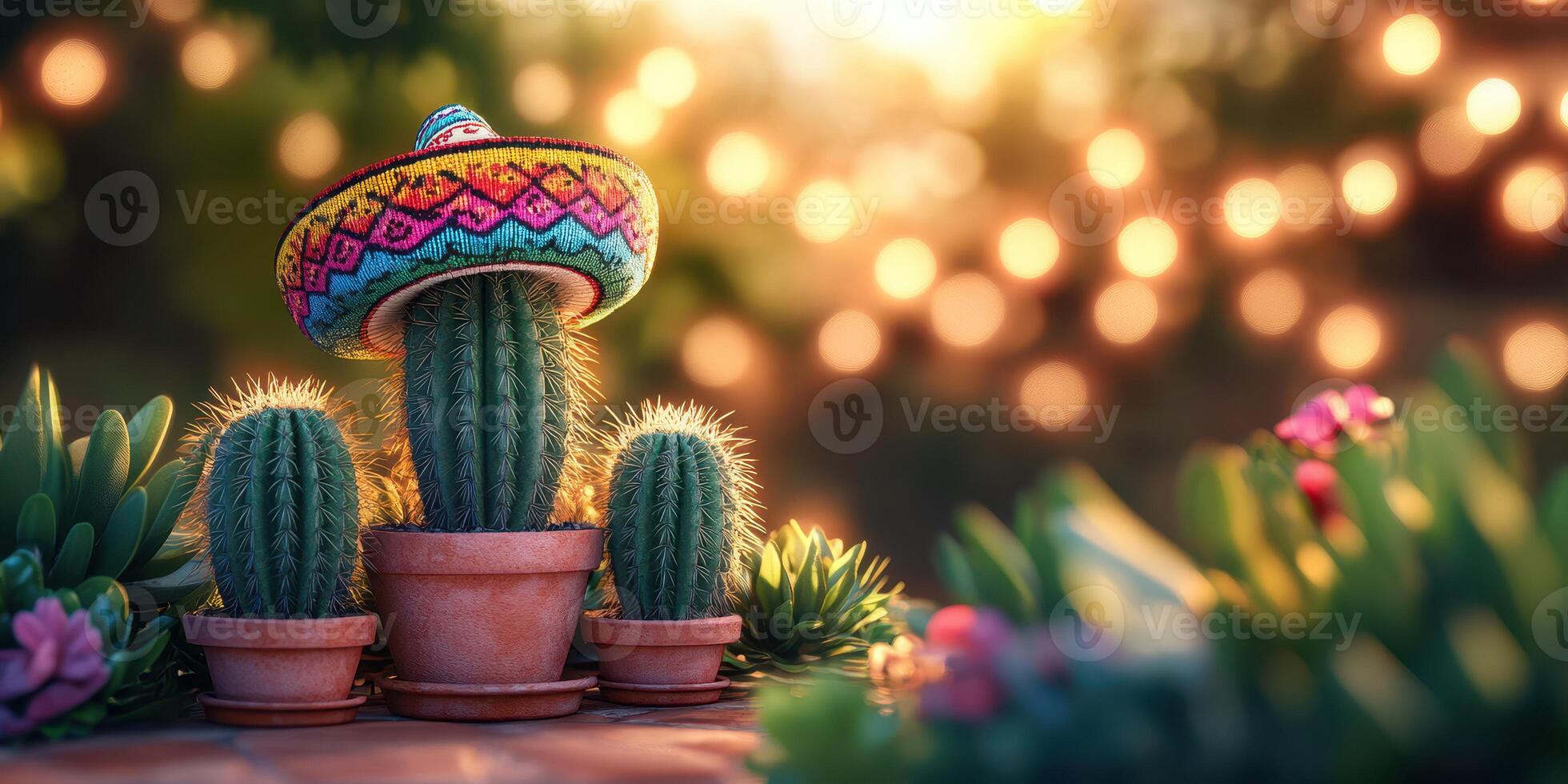 Cactus wearing a colorful sombrero in a vibrant garden setting during golden hour photo