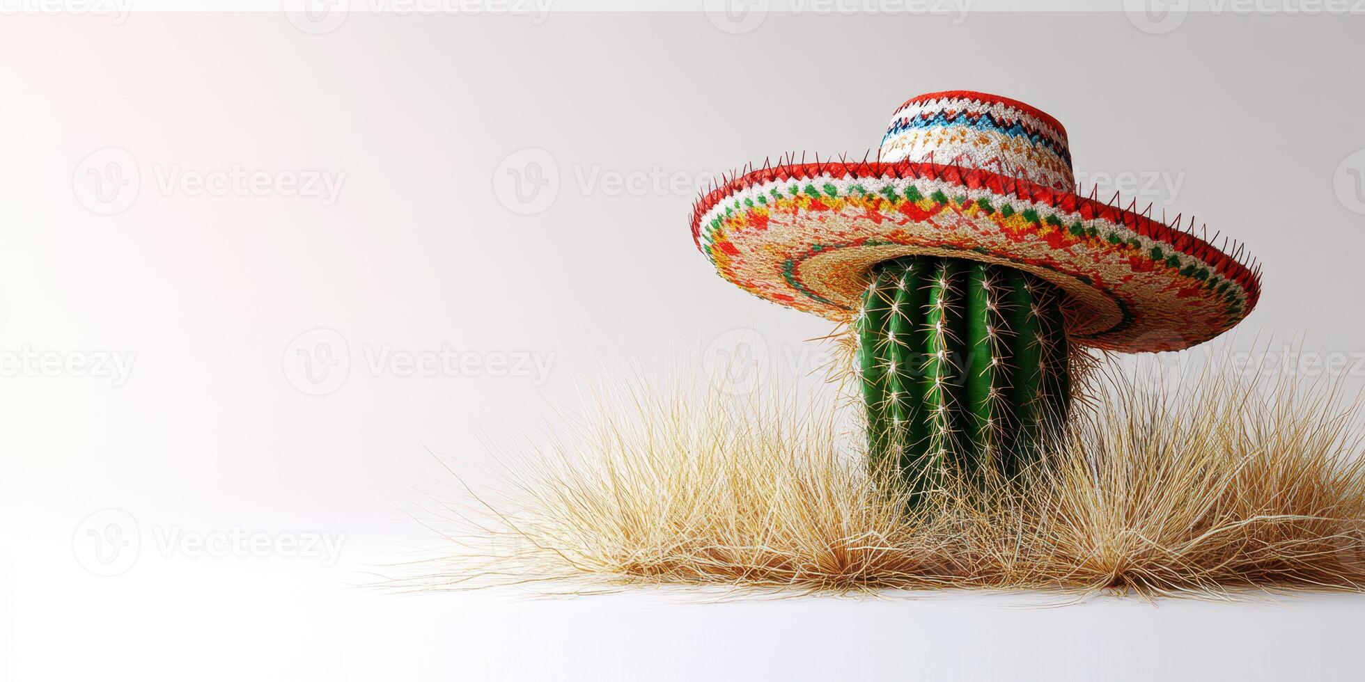 Cactus wearing a colorful sombrero in a desert landscape with dry grass under a soft light photo