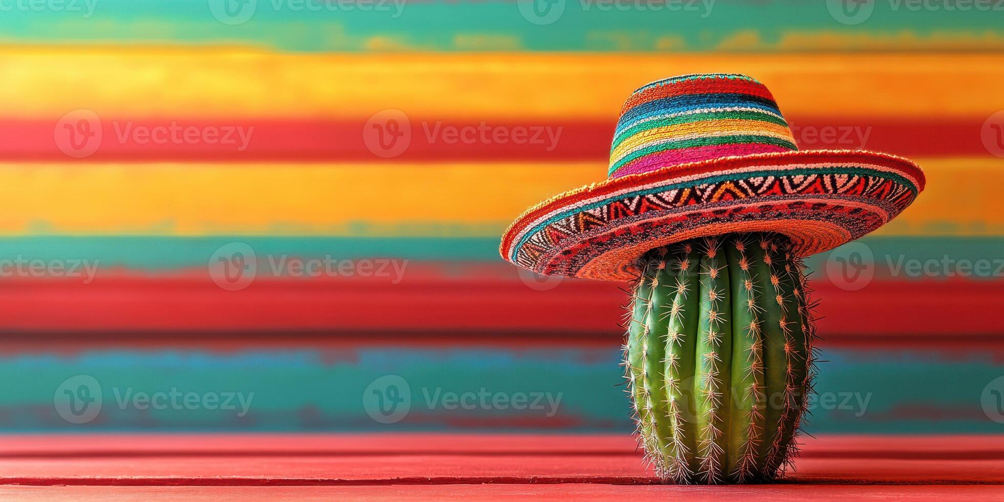 Colorful cactus wearing sombrero against vibrant background in a sunny setting photo