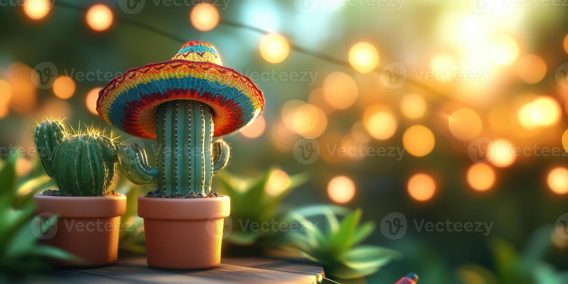 Cacti with colorful sombrero surrounded by warm bokeh lights in a festive outdoor setting at dusk photo
