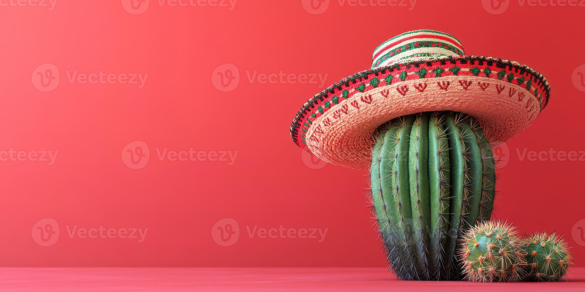 Cactus wearing traditional sombrero against a vibrant red backdrop in a playful display of cultural elements photo