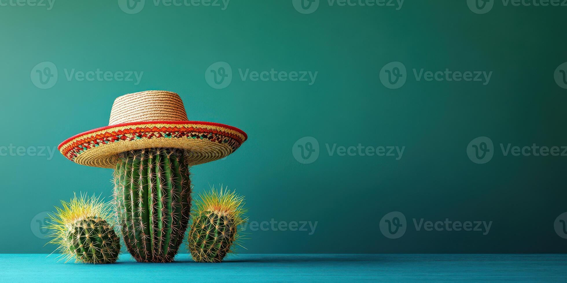 Cactus wearing a sombrero on a vibrant blue background under warm light photo