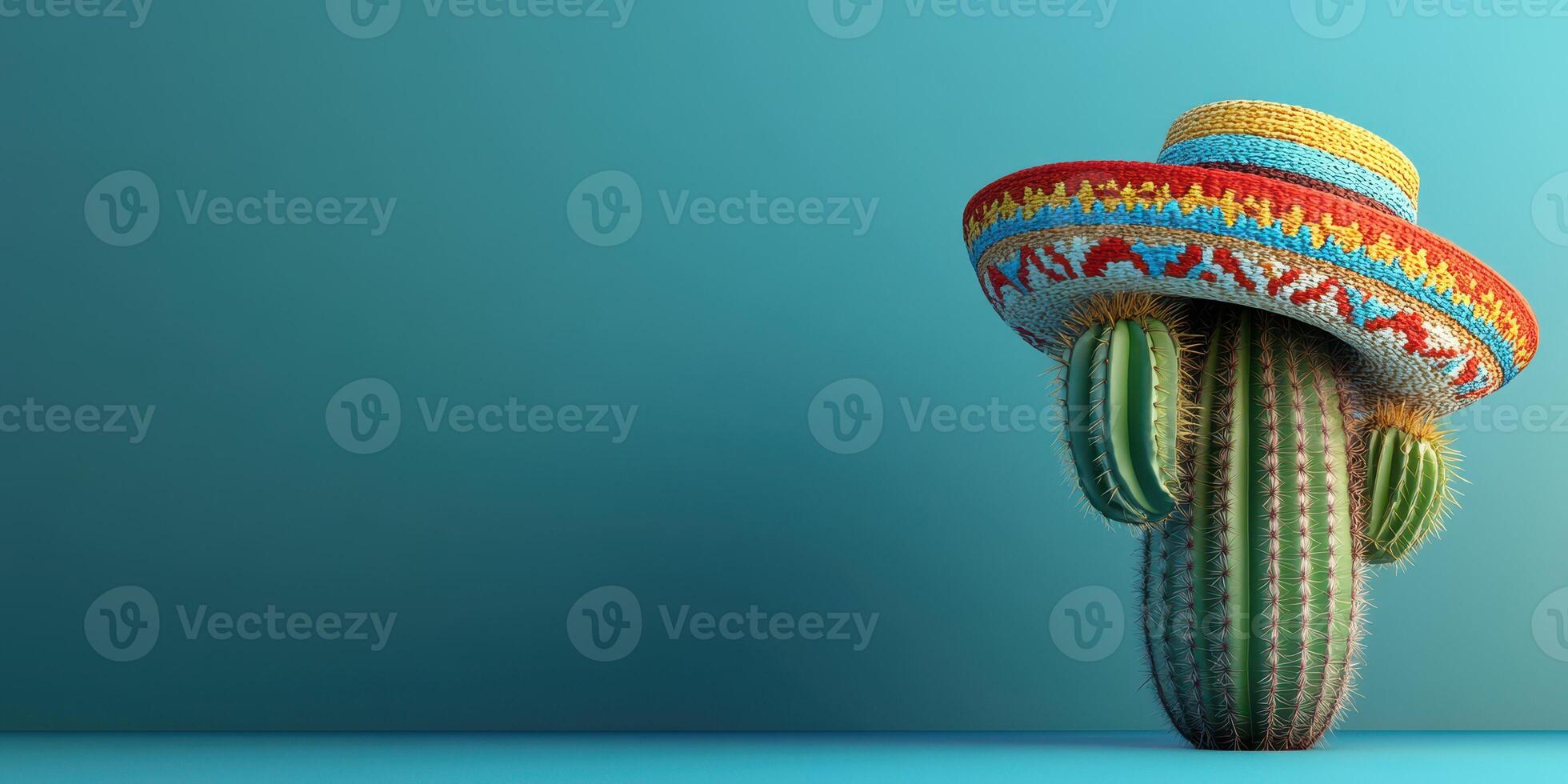 Unique cactus wearing a colorful sombrero against a vibrant blue background photo