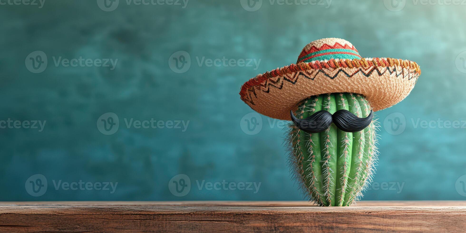 Cactus wears sombrero and fake mustache on wooden table with colorful background in festive atmosphere photo
