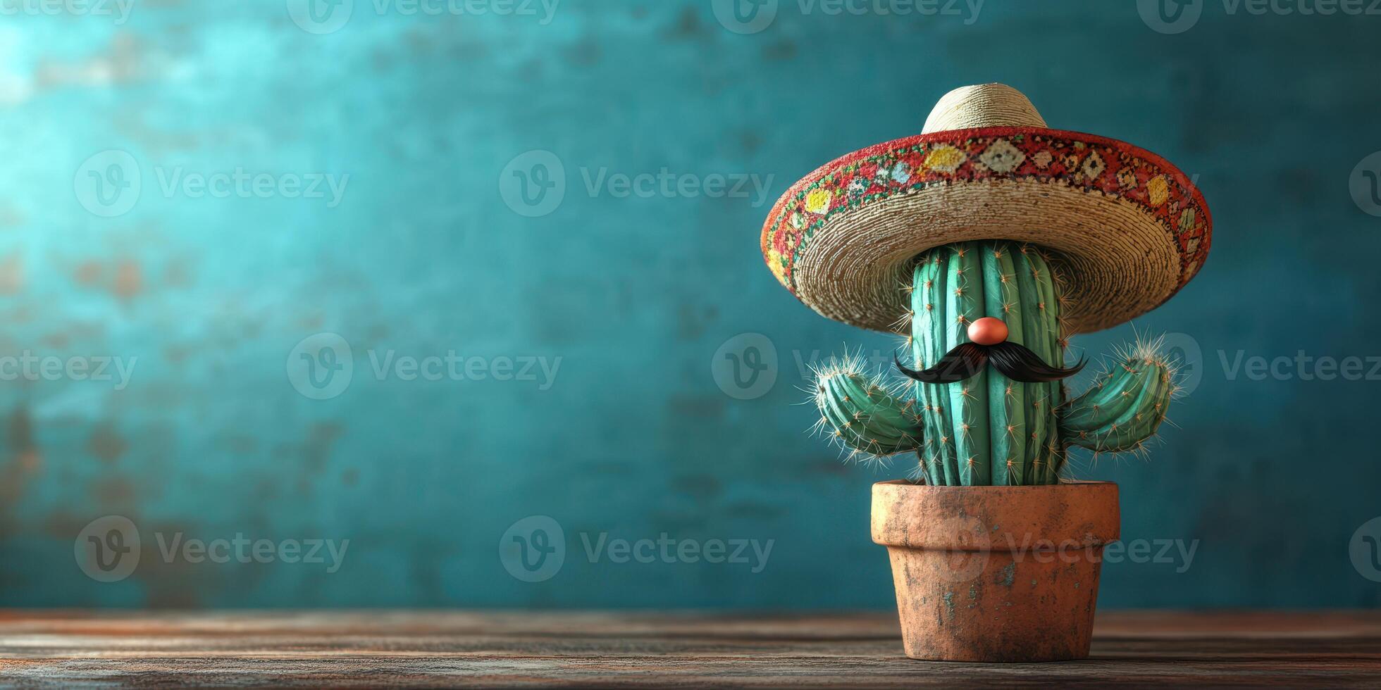 Creative decoration featuring a cactus wearing a sombrero and mustache on a wooden table with a turquoise backdrop photo