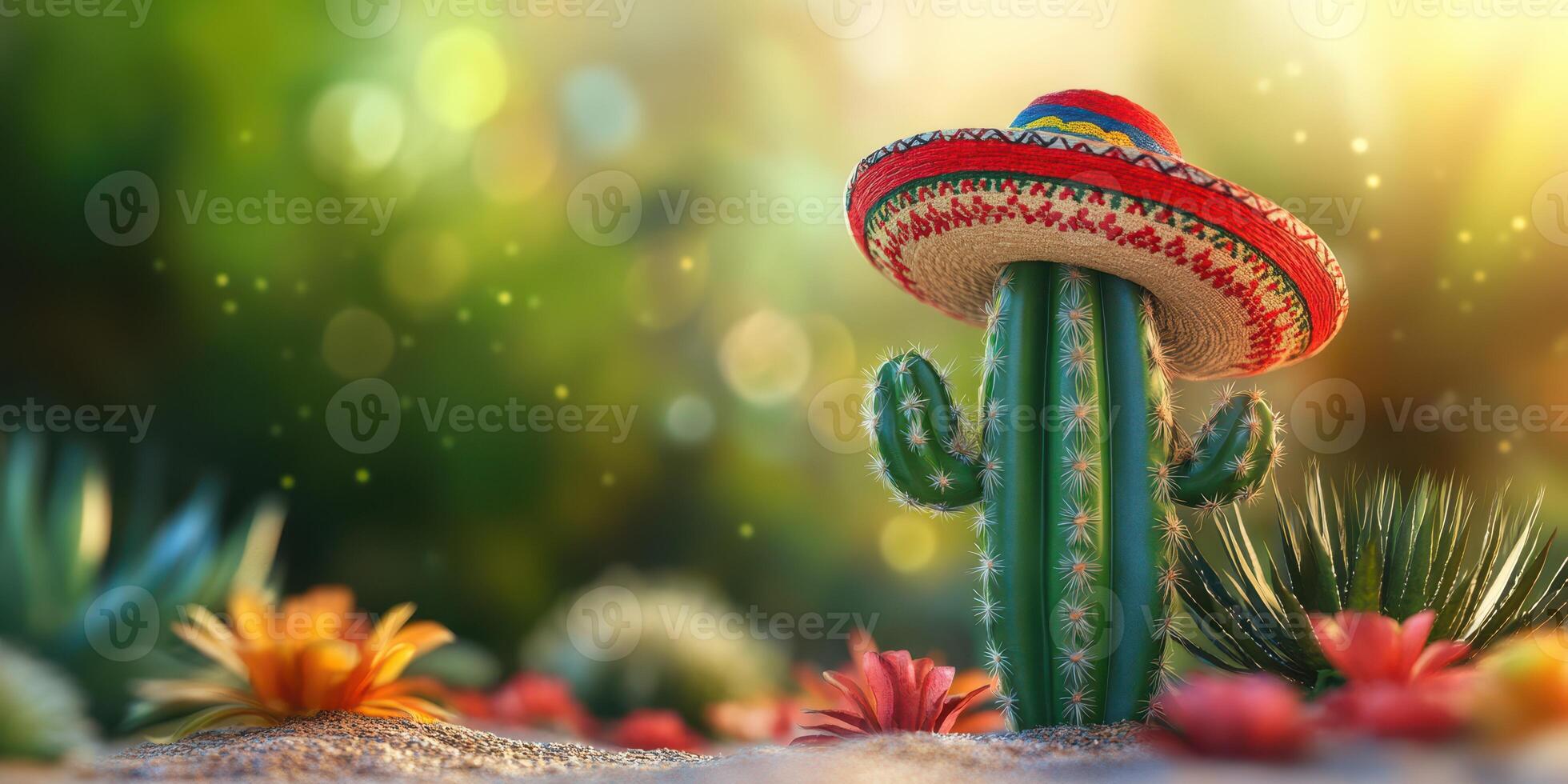 Cactus wearing a sombrero stands among colorful flowers in a vibrant setting with warm sunlight photo