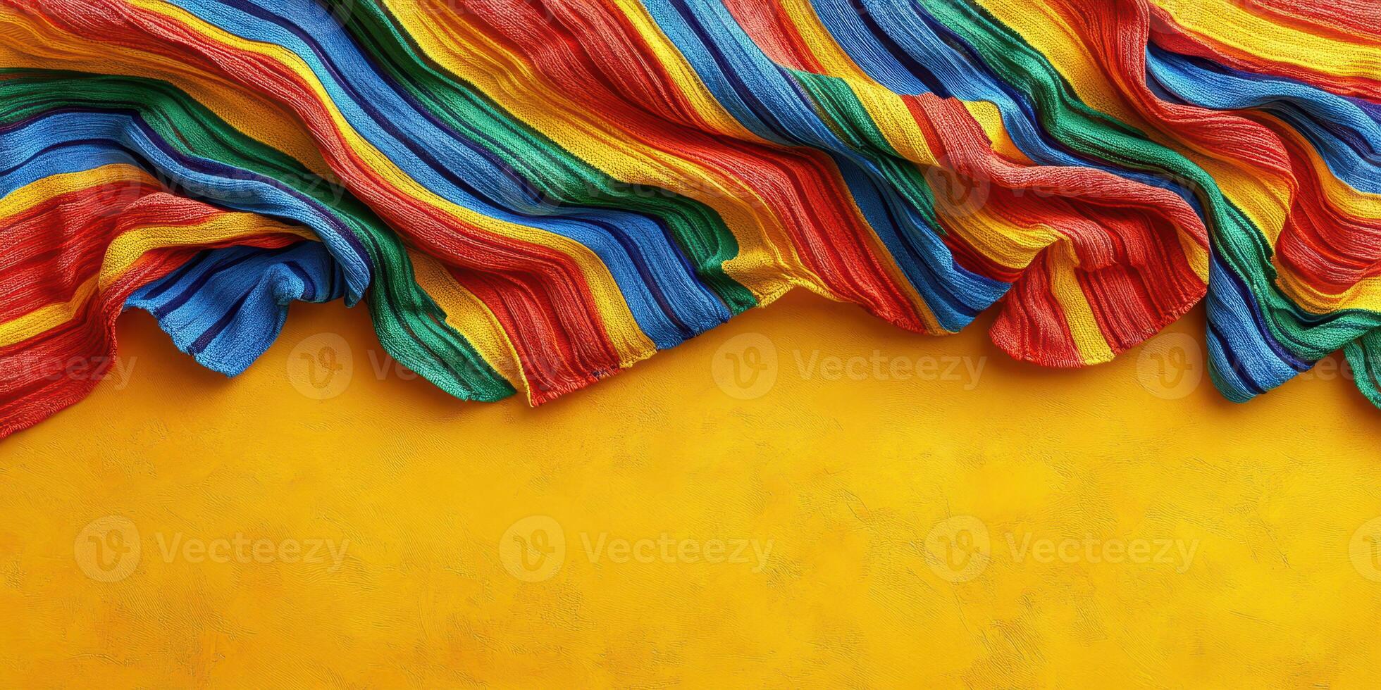 Vibrant colorful textile draped elegantly over a bright yellow background showcasing texture and patterns photo