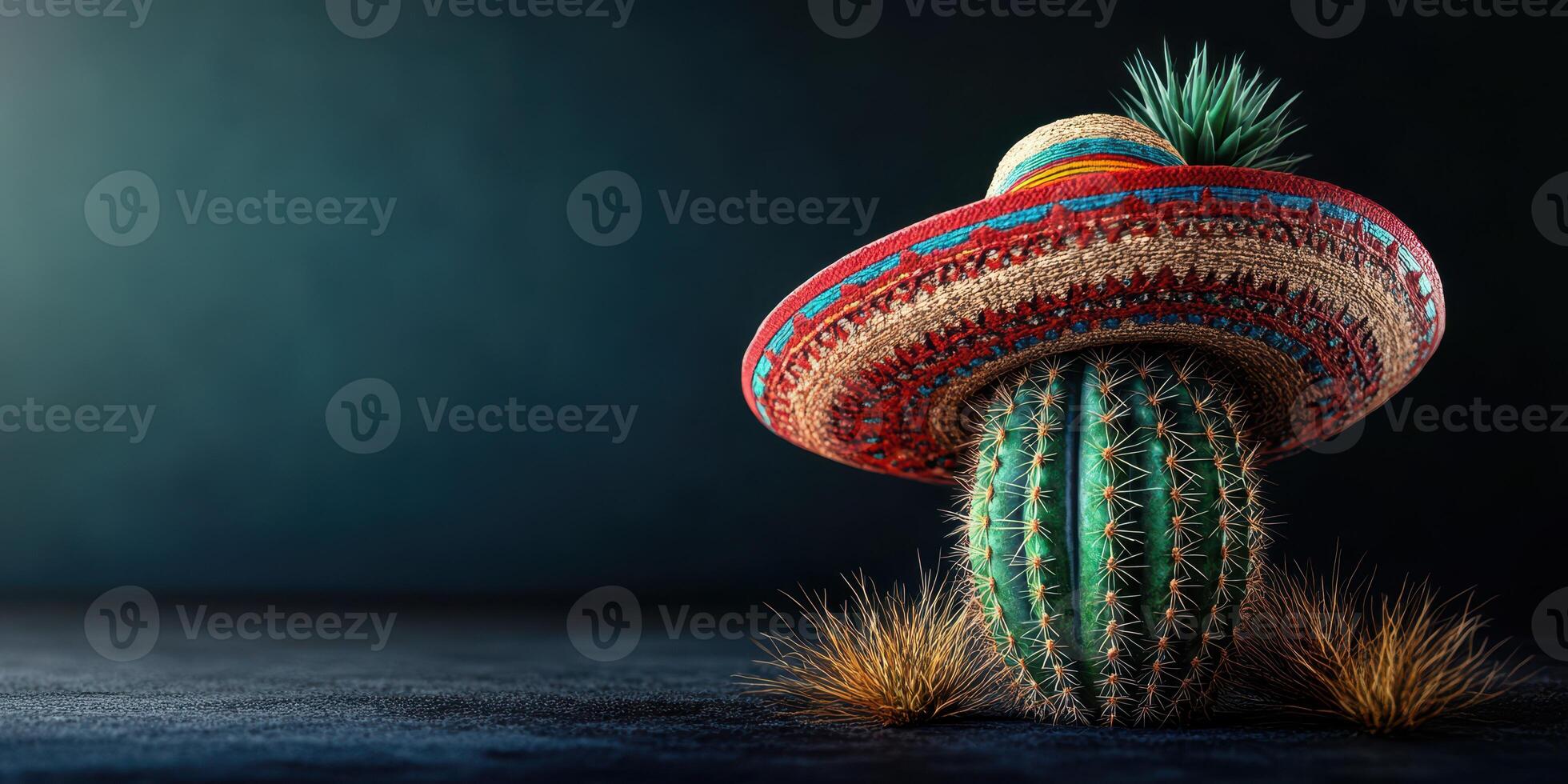 Cactus wearing colorful sombrero in a dimly lit environment showcasing Mexican culture and creativity photo