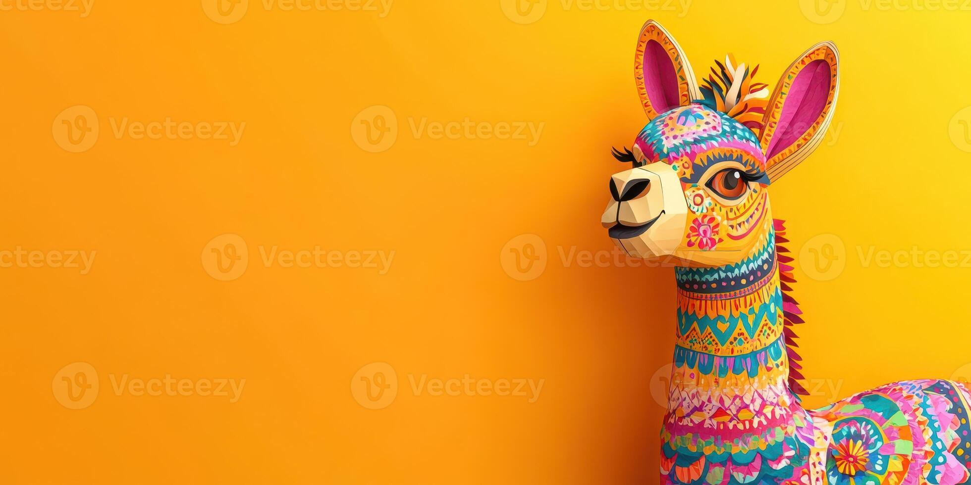 Colorful llama decoration with intricate design against bright yellow background photo