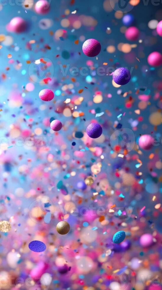 Colorful confetti floats in a vibrant display during a festive celebration in the evening photo