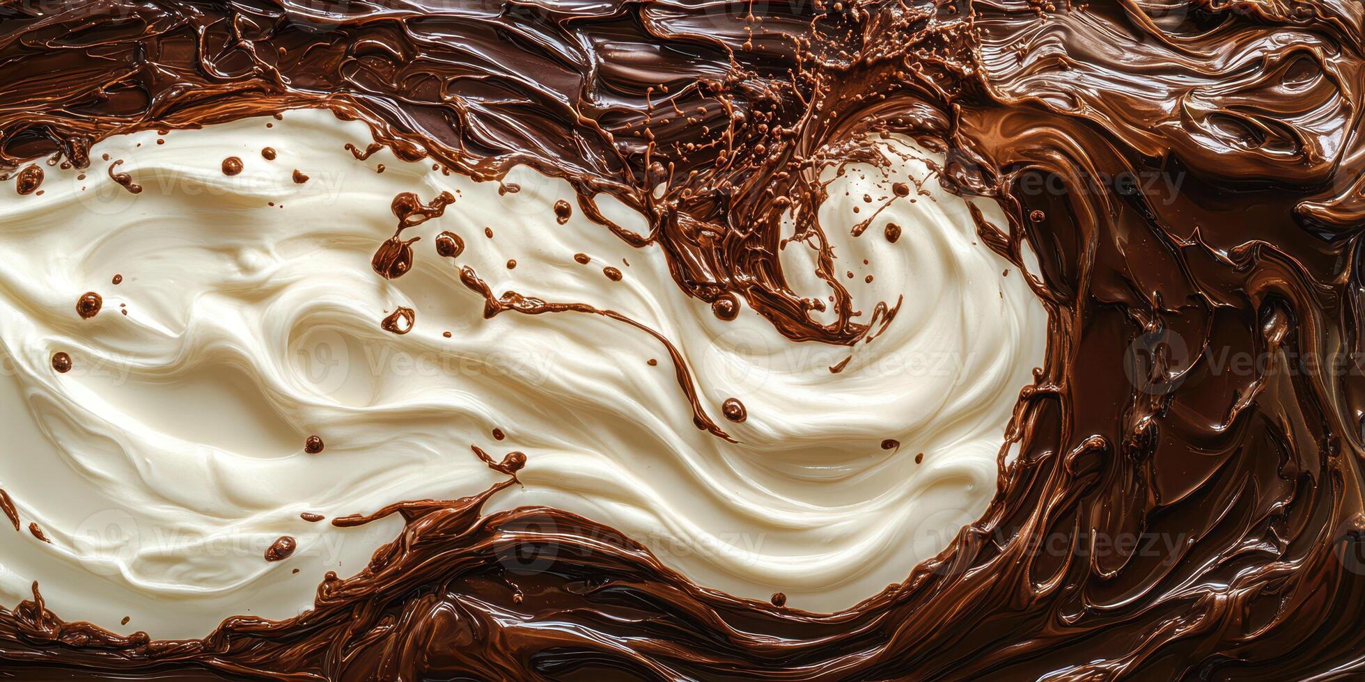 Swirls of creamy white chocolate and rich dark chocolate creating an artistic blend on a smooth surface photo
