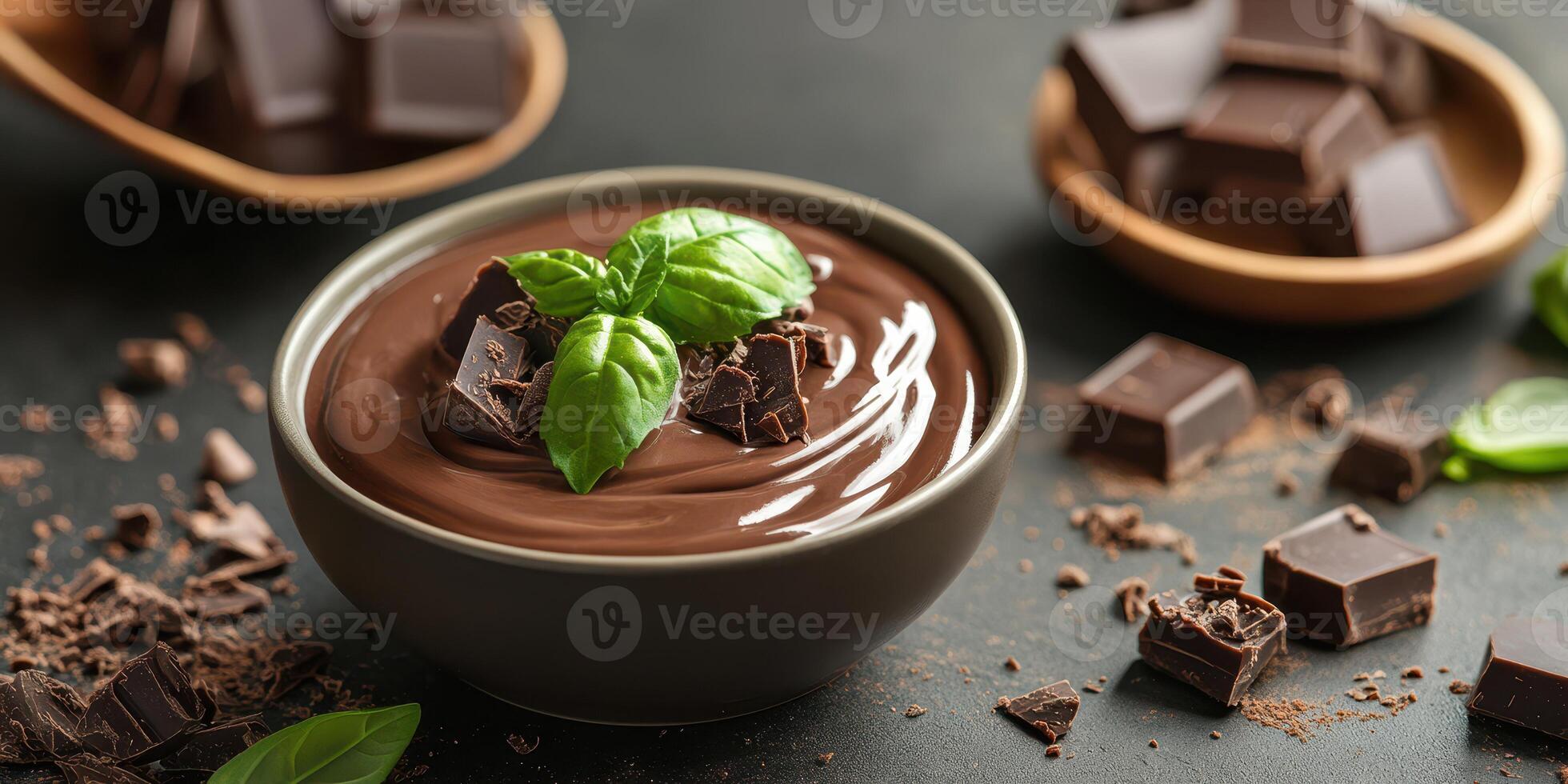 Decadent chocolate dessert served in a bowl with fresh basil leaves and chocolate chunks photo