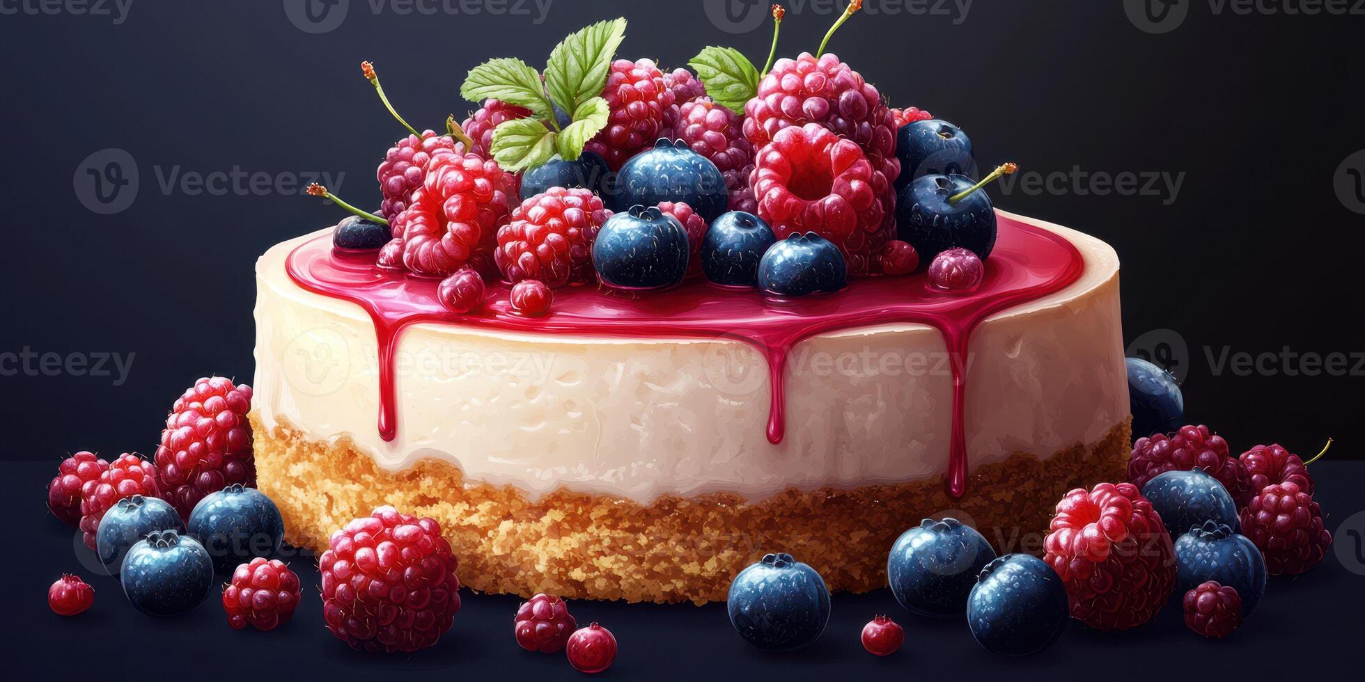 Decadent cheesecake topped with fresh berries and raspberry sauce on a dark background photo