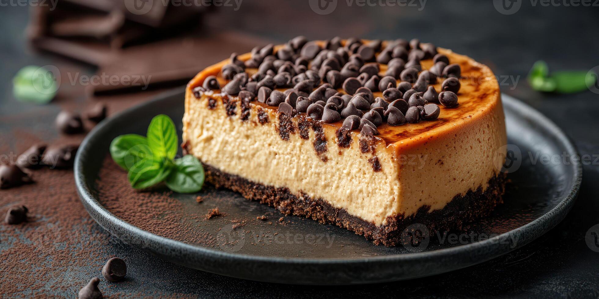 Creamy cheesecake topped with chocolate chips on a dark plate with mint garnish in a cozy dining setting photo