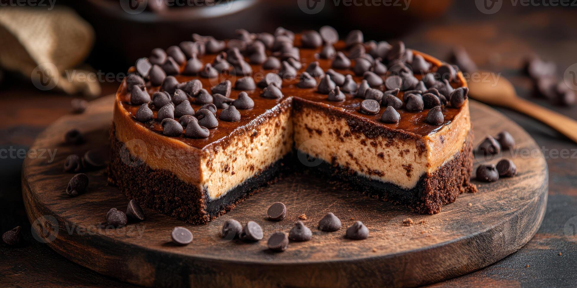 Decadent chocolate cheesecake with chocolate chips served on a wooden platter photo