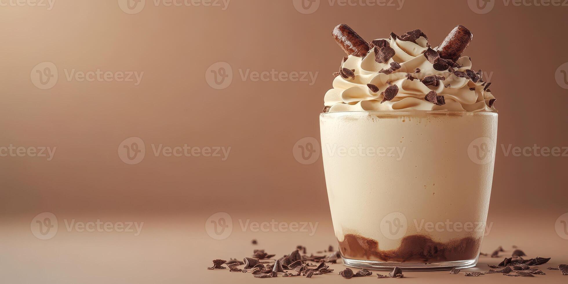 Creamy dessert topped with chocolate curls and biscuit sticks in an inviting setting photo