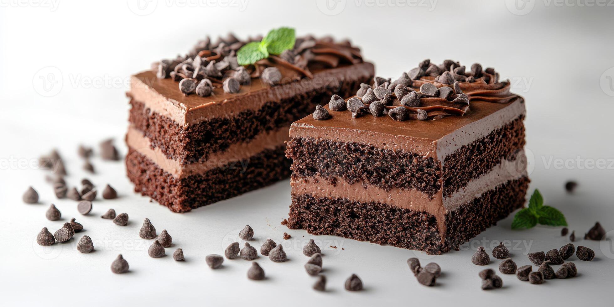 Decadent chocolate layer cake with chocolate chips and mint garnish on a white background photo