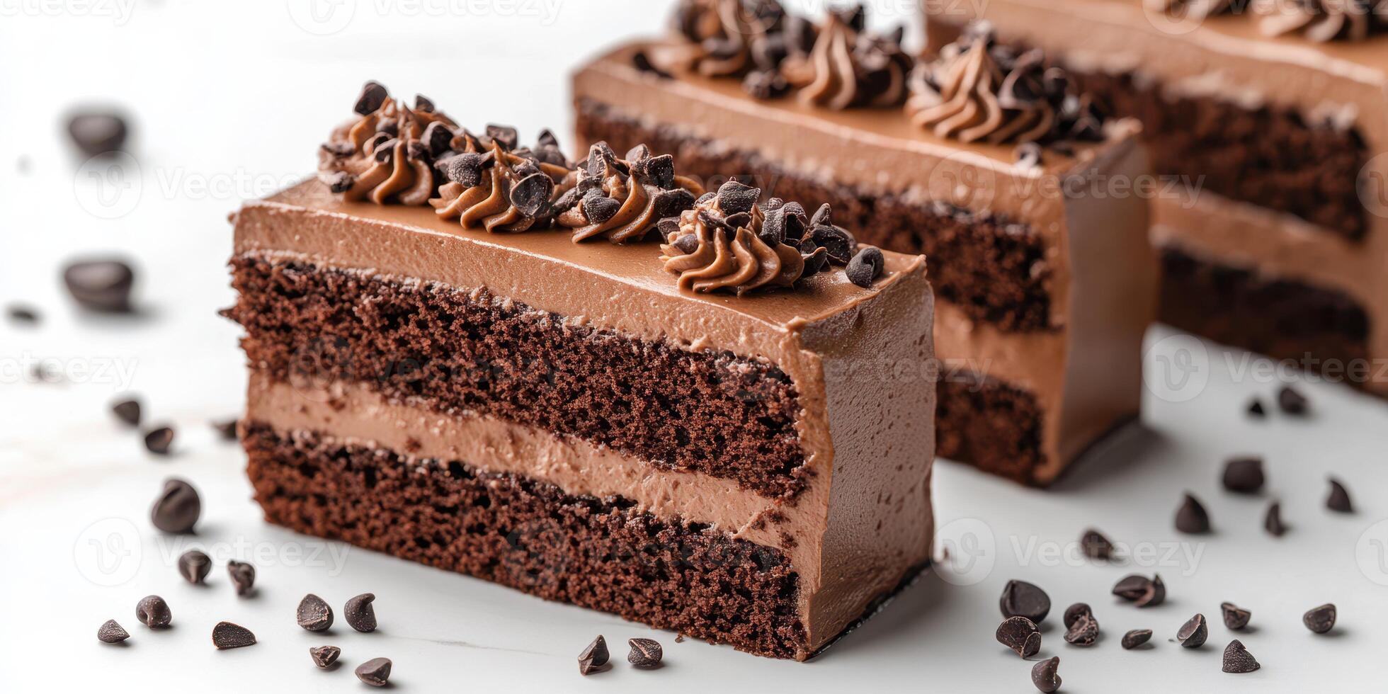 Chocolate cake slices arranged with chocolate chips on a white background photo