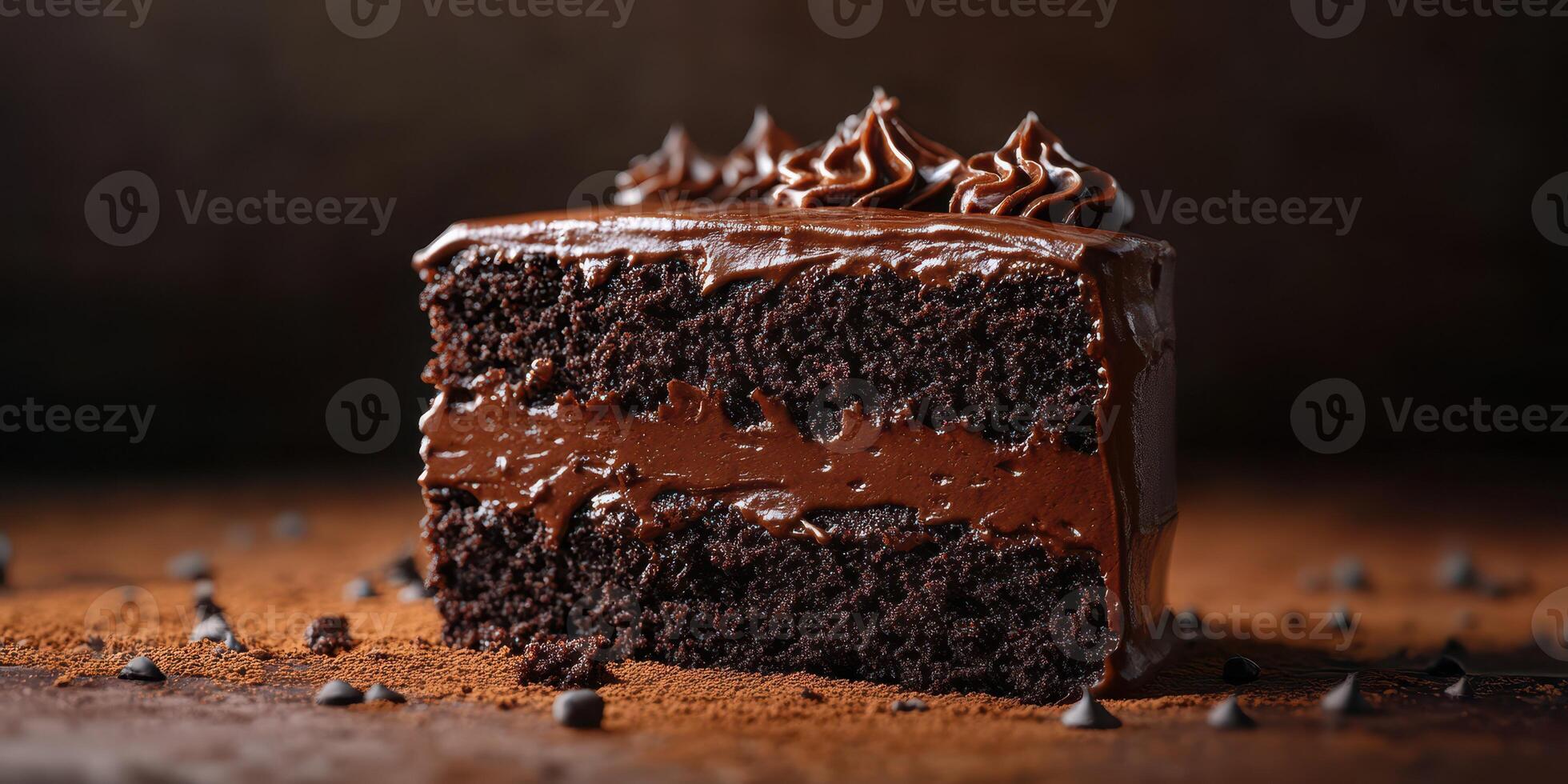 Decadent chocolate cake slice with rich frosting displayed on a rustic wooden surface, appealing to dessert lovers photo