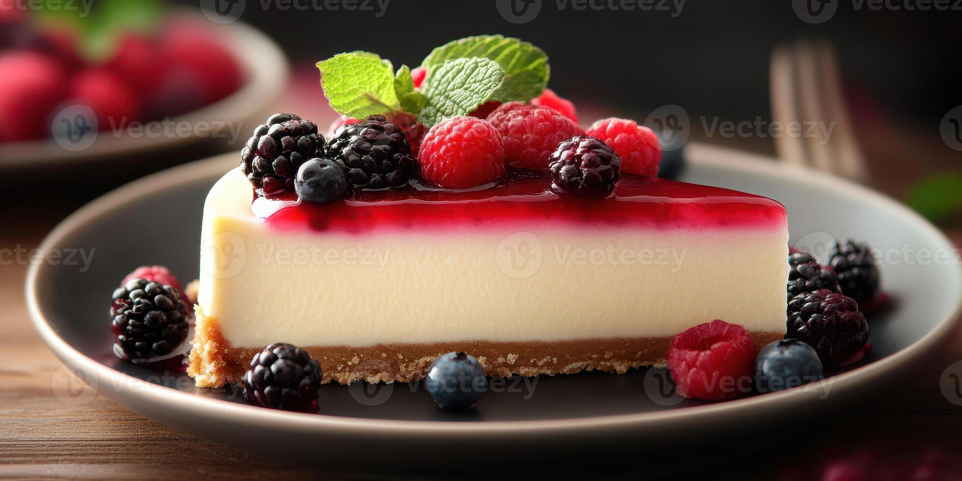 Delicious cheesecake topped with fresh berries on a dark wooden table during a cozy indoor setting photo