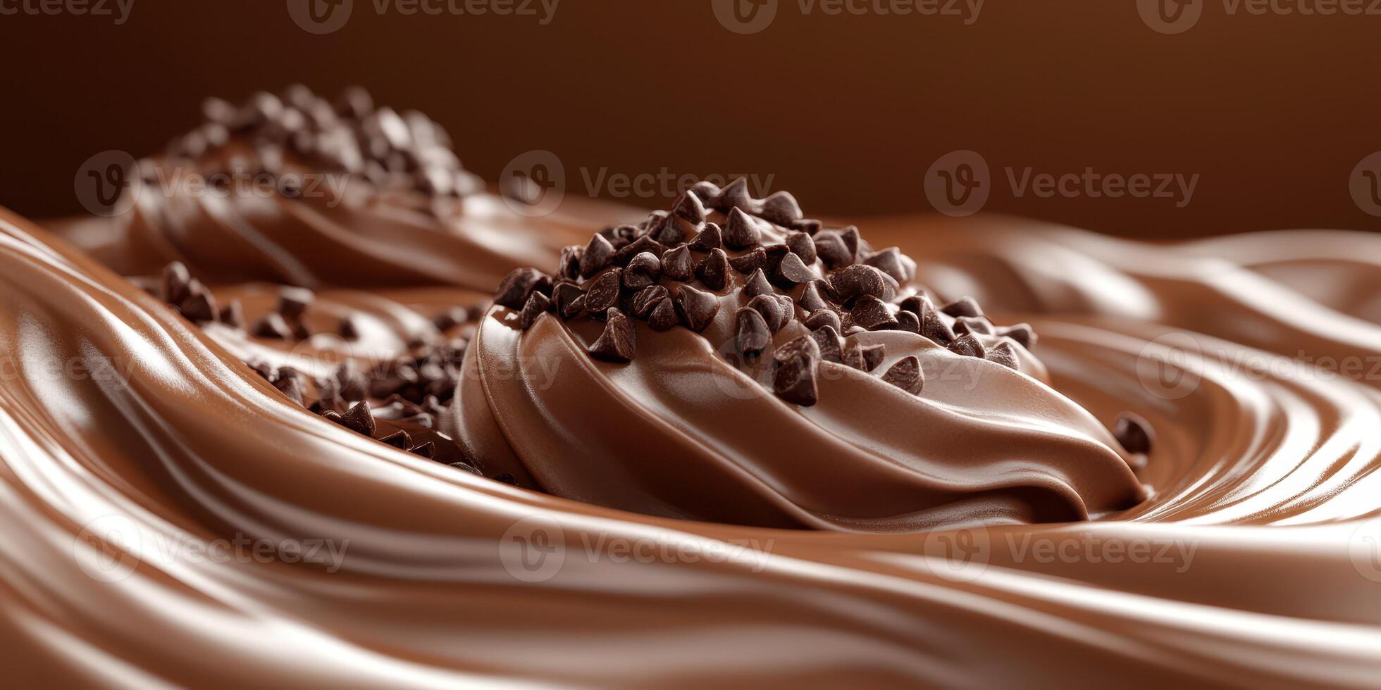 Rich chocolate dessert with chocolate chips surrounded by smooth chocolate sauce in an inviting setting photo