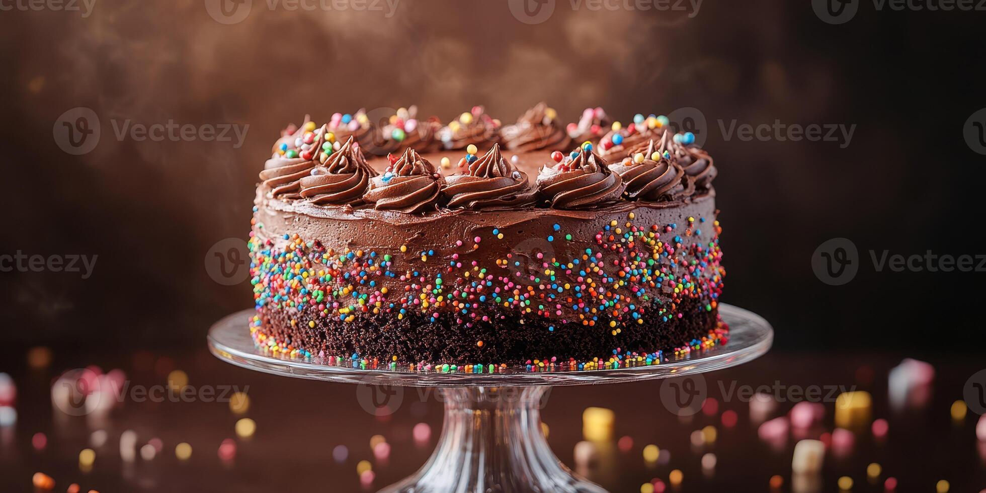 Delicious chocolate cake topped with colorful sprinkles served on a glass cake stand photo