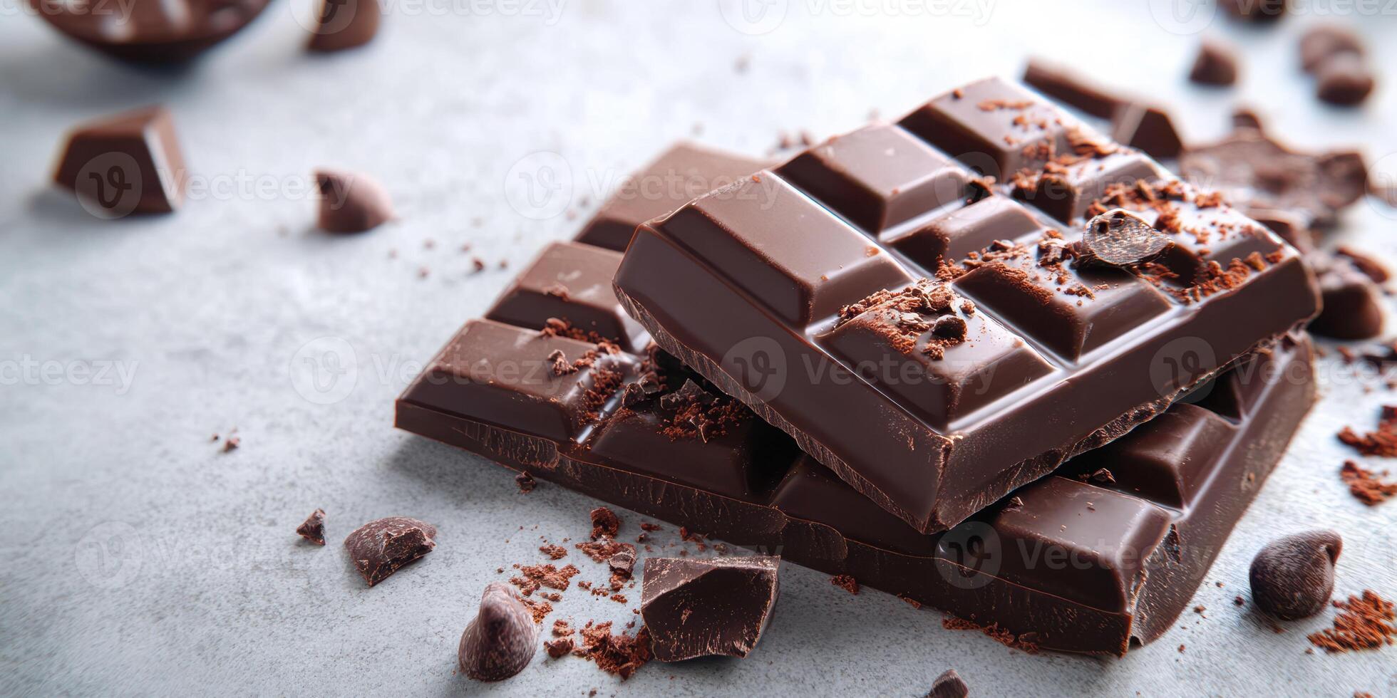 Delicious dark chocolate bars stacked with cocoa crumbs on a textured surface in a warm kitchen setting photo