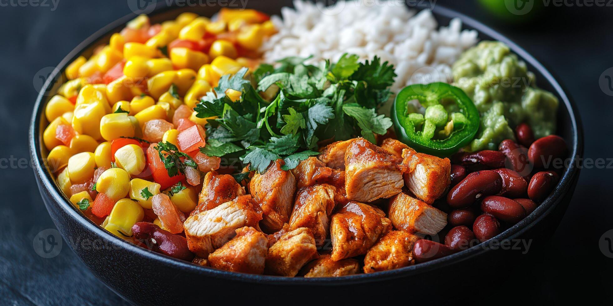Colorful and nutritious bowl filled with chicken, rice, beans, corn, and fresh vegetables at a local restaurant during lunchtime photo