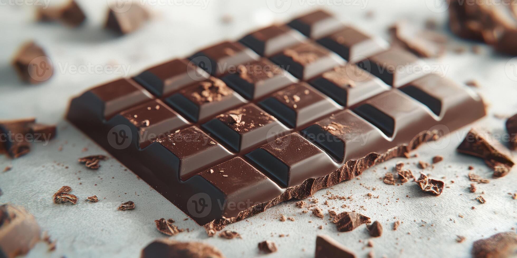 Delicious dark chocolate bar with chunks and shavings on a textured surface in natural light photo