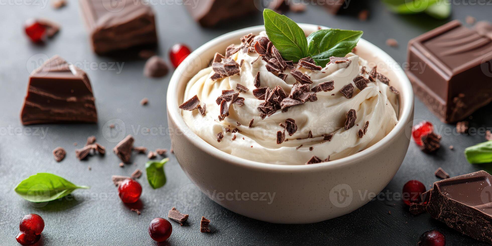 Creamy chocolate dessert with mint leaves and chocolate shavings in a bowl surrounded by dark chocolate pieces and garnishes photo