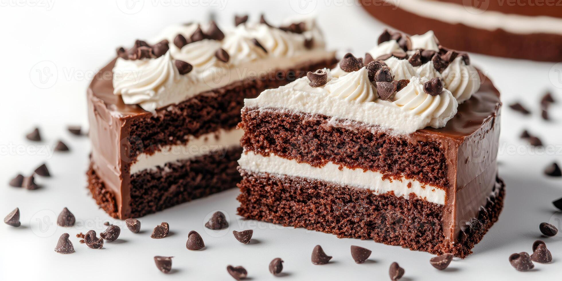 Delicious chocolate layer cake with cream frosting and chocolate chips on display photo