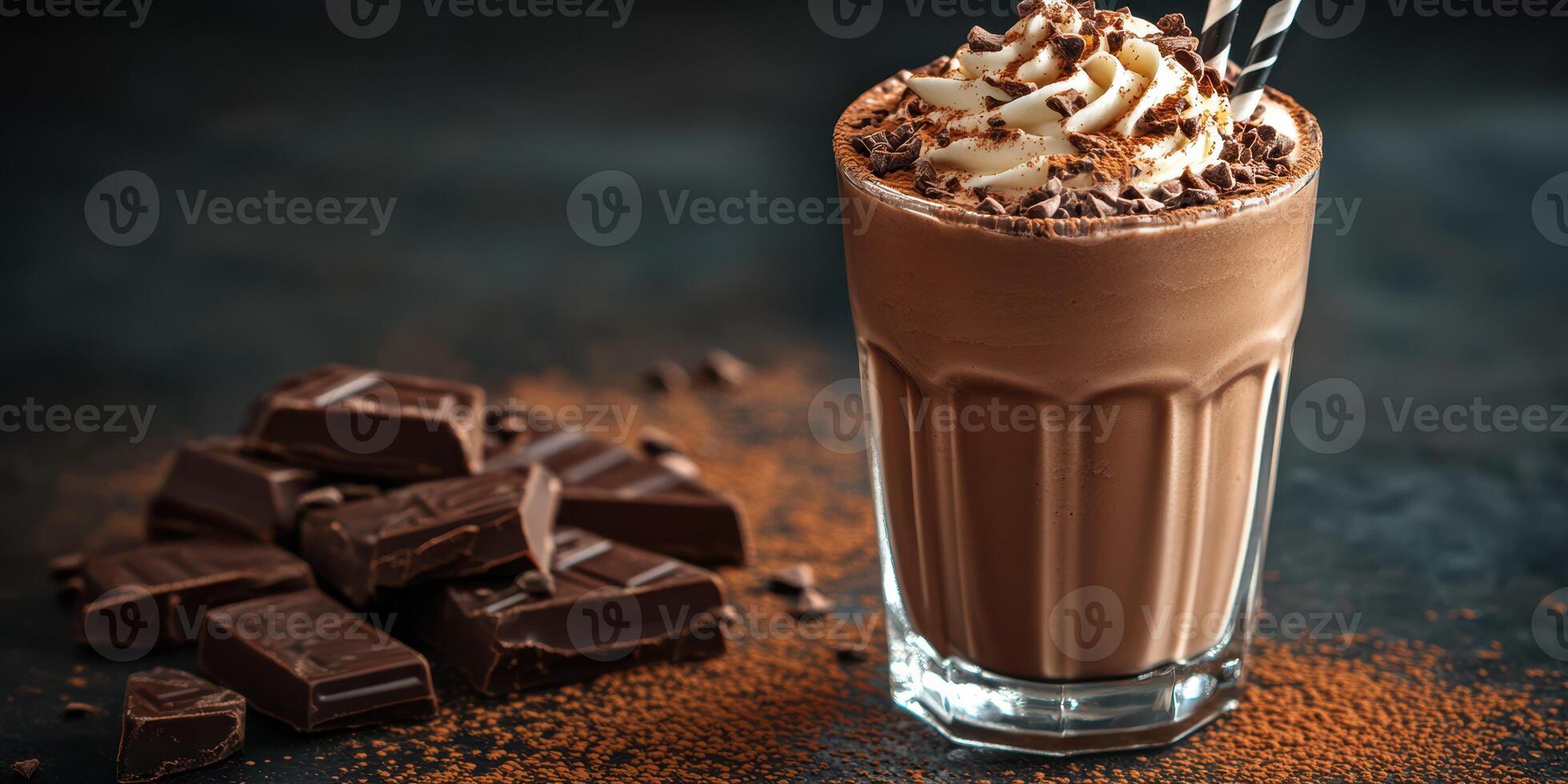 Delicious chocolate milkshake topped with whipped cream and chocolate shavings served with dark chocolate pieces photo