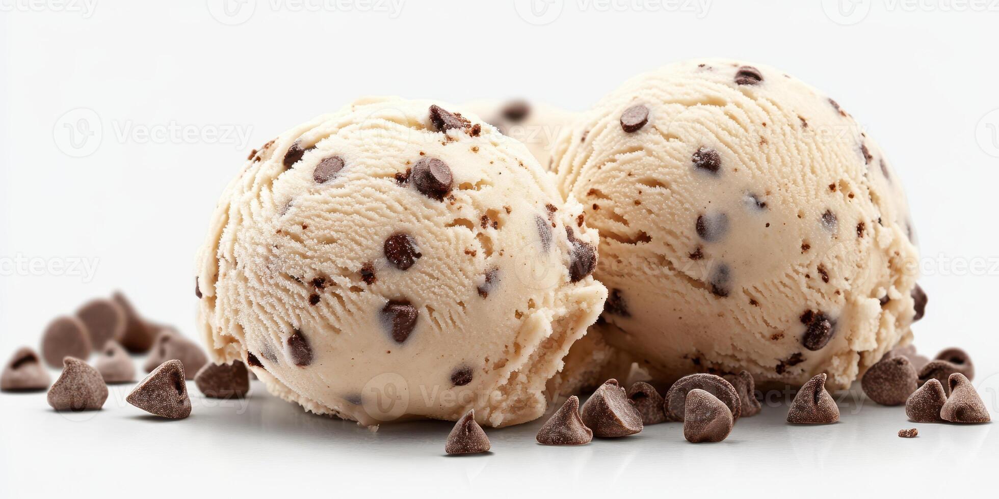 Creamy chocolate chip ice cream scoops with chocolate drops on a white background photo
