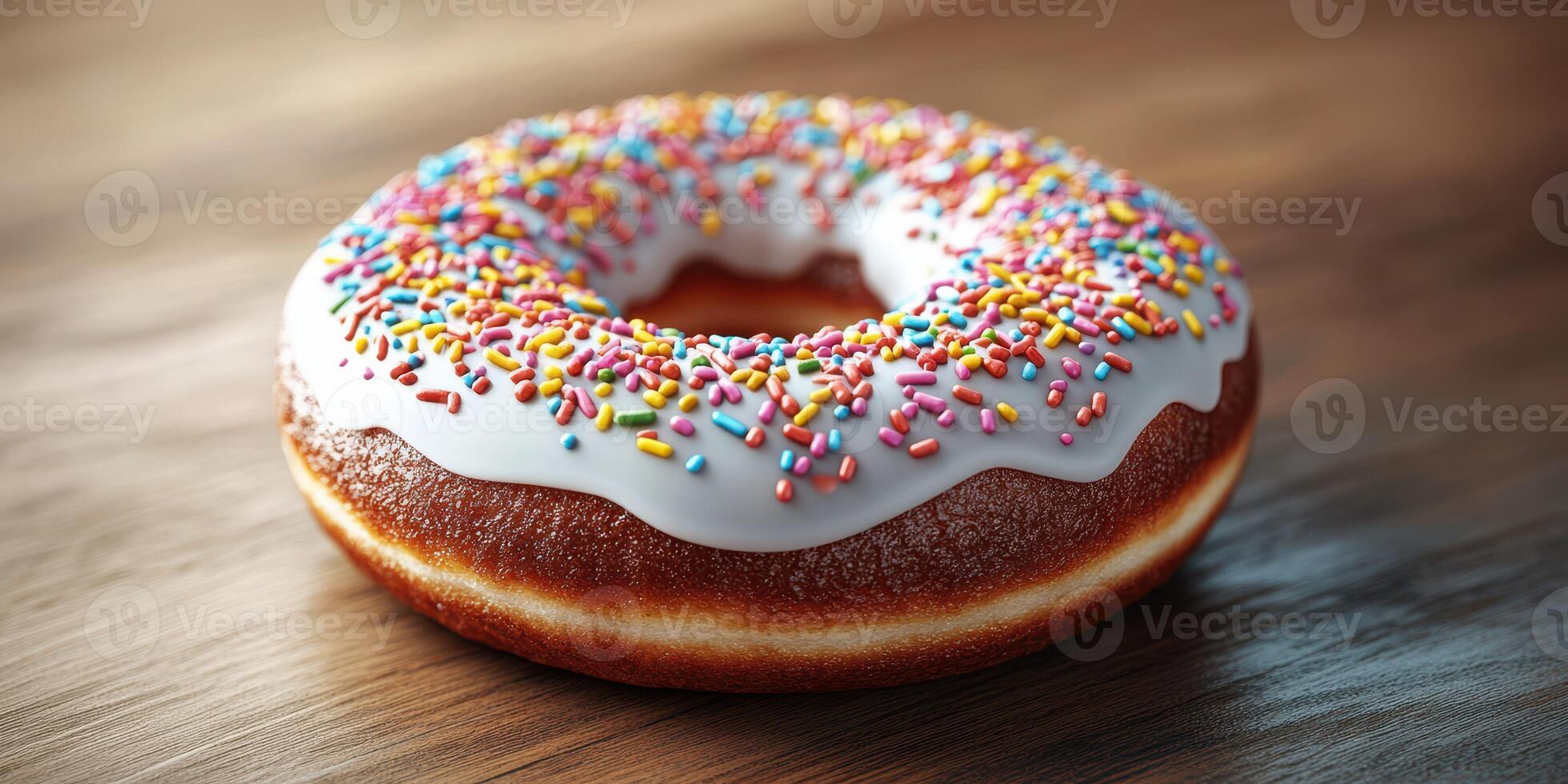 Colorful donut topped with icing and sprinkles on a wooden surface in a cozy setting photo