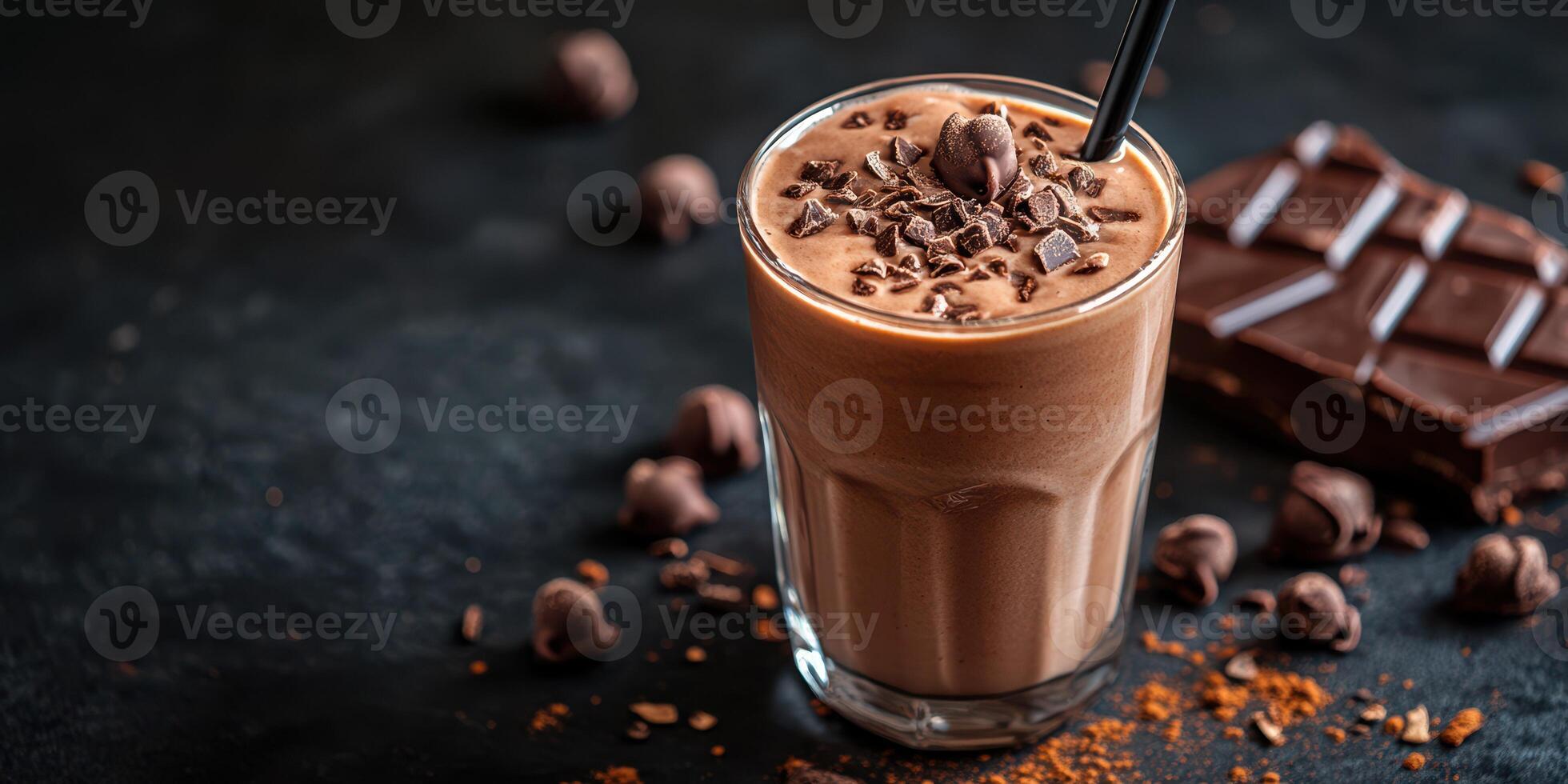 Creamy chocolate beverage topped with cocoa nibs and dark chocolate pieces on a dark countertop photo