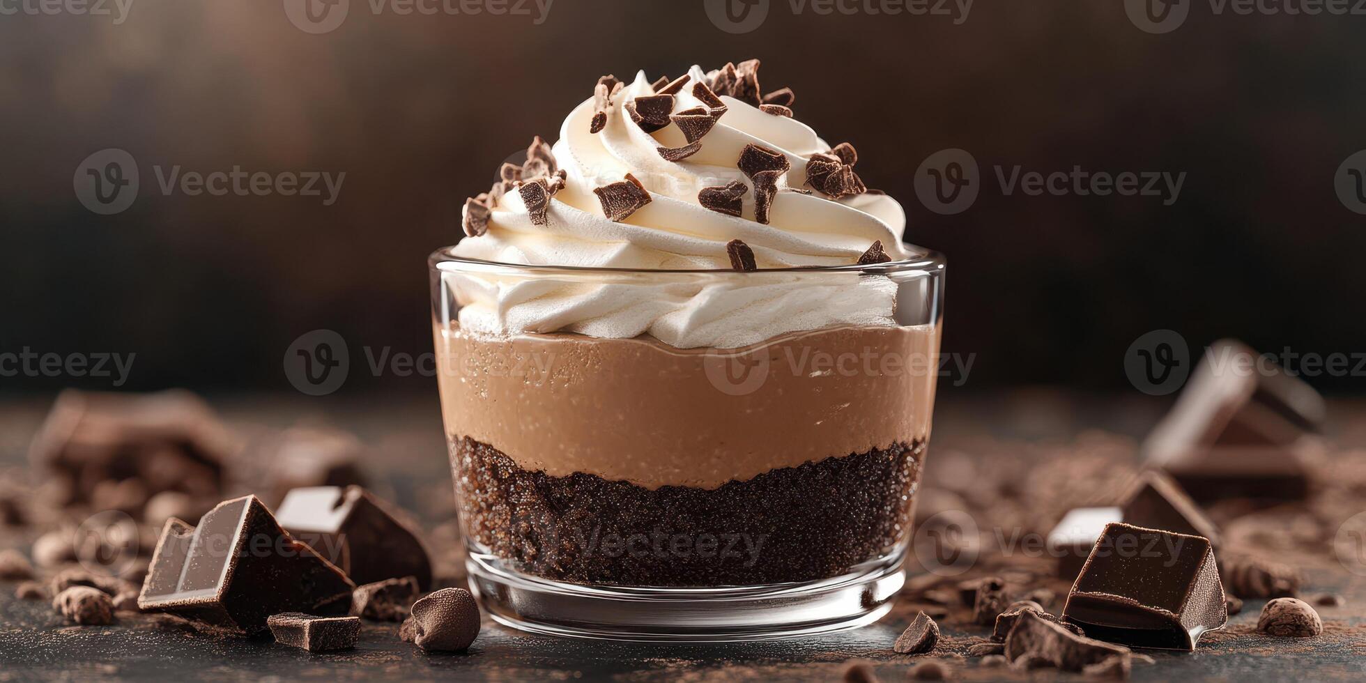 Rich chocolate dessert with layers of cream and cookie crumbles served in a glass dish photo