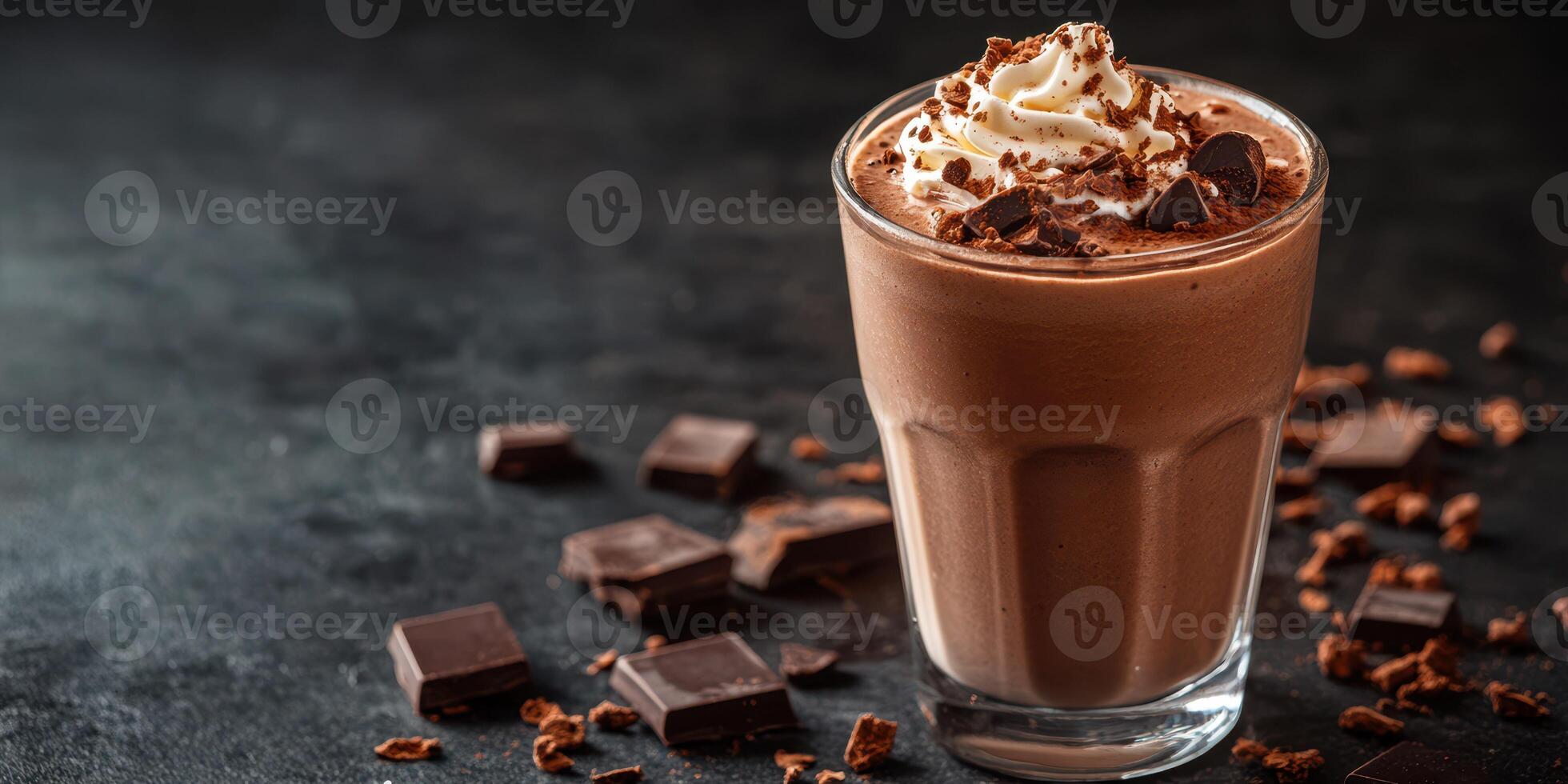 Creamy chocolate drink topped with whipped cream and chocolate shavings on a dark background photo