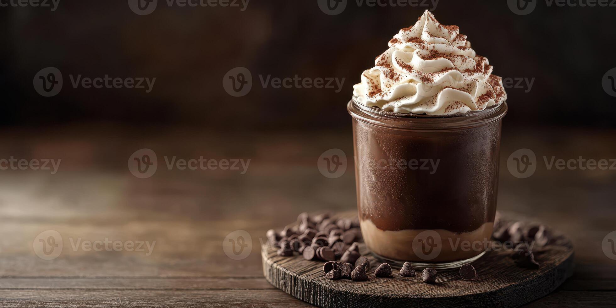 Delicious dessert featuring chocolate mousse topped with whipped cream and cocoa powder served in a rustic jar photo