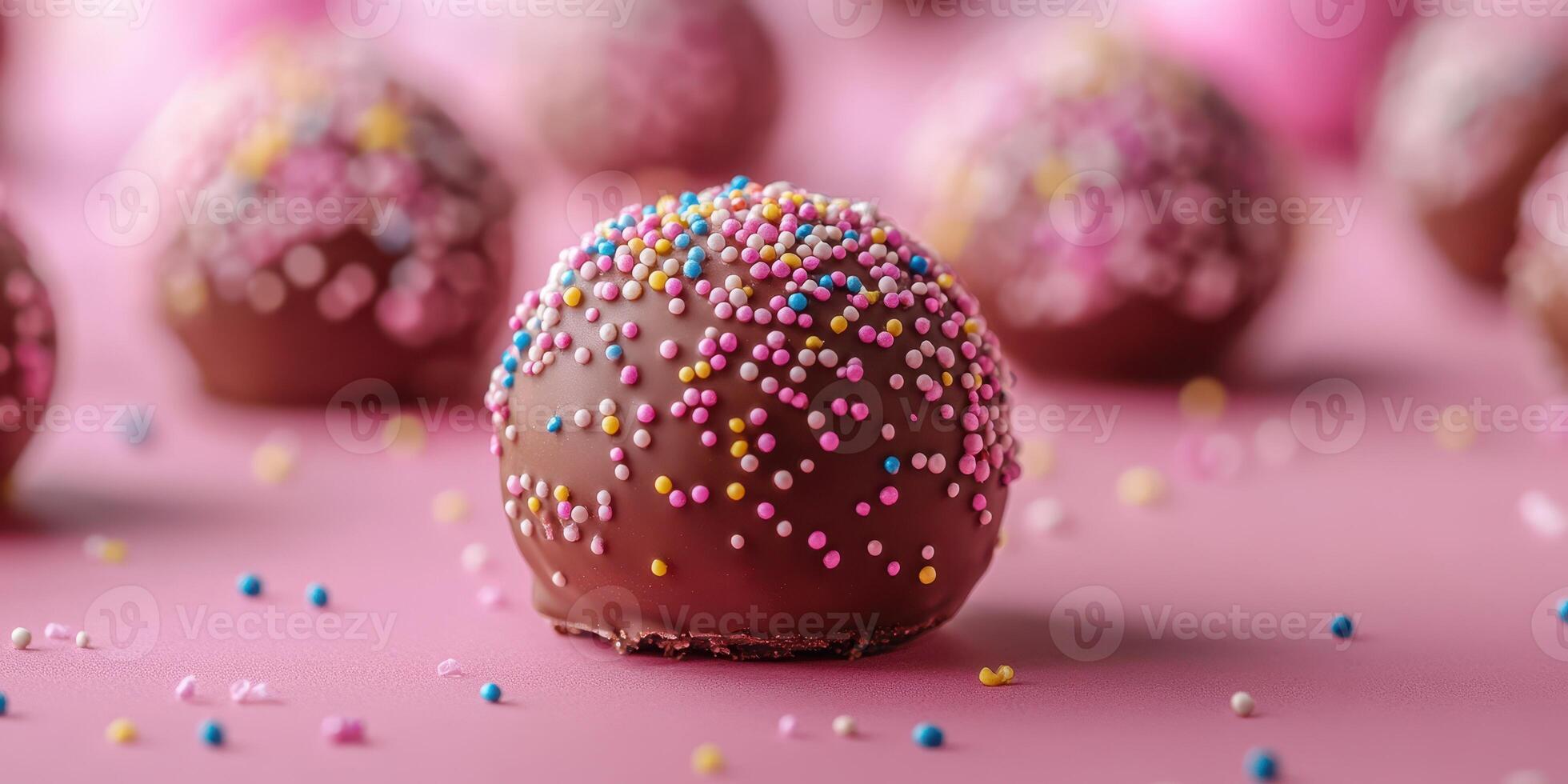 Colorful chocolate truffles with sprinkles on a pink background bring joy to any celebration or dessert table photo