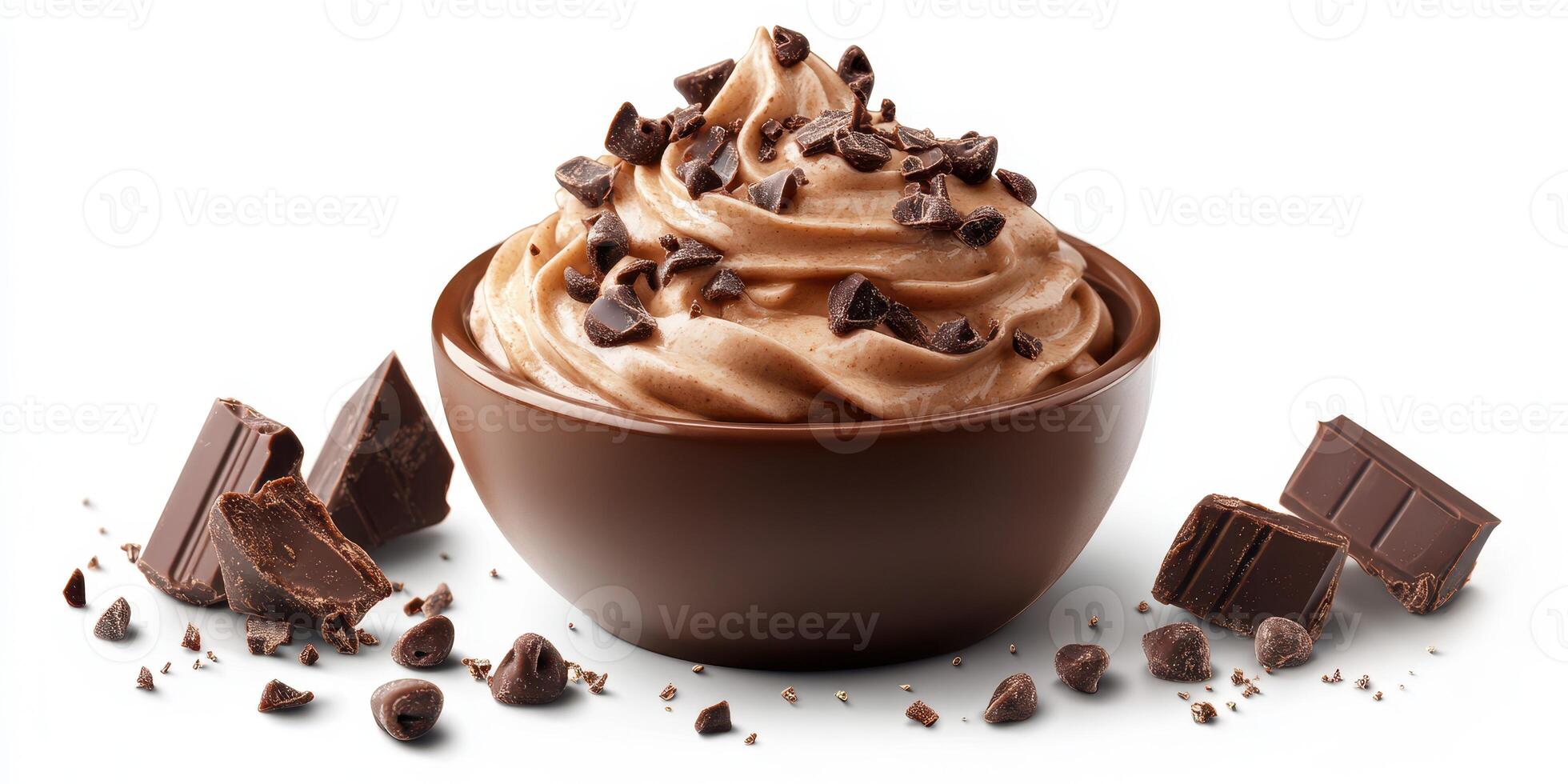 Delicious chocolate mousse served in a bowl with chocolate shavings and chunks on a white background photo