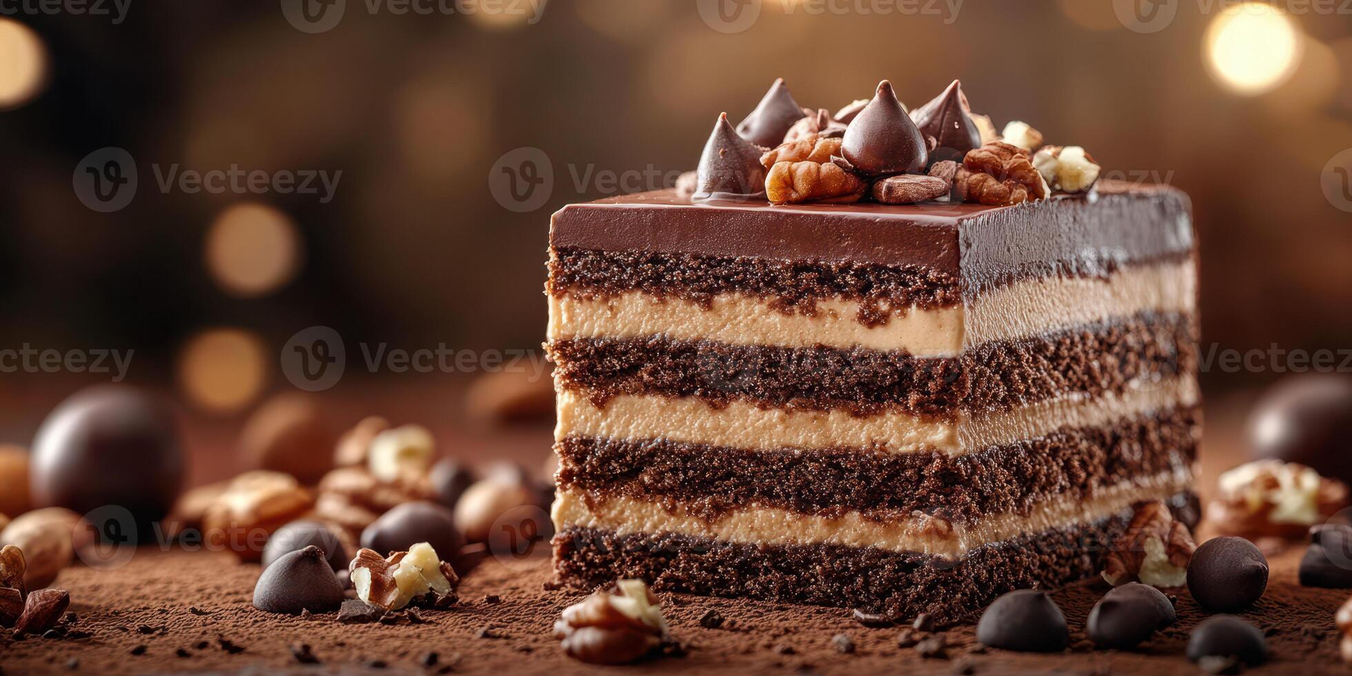 Delicious chocolate layered cake with nuts and chocolate chips on wooden table with warm bokeh background photo