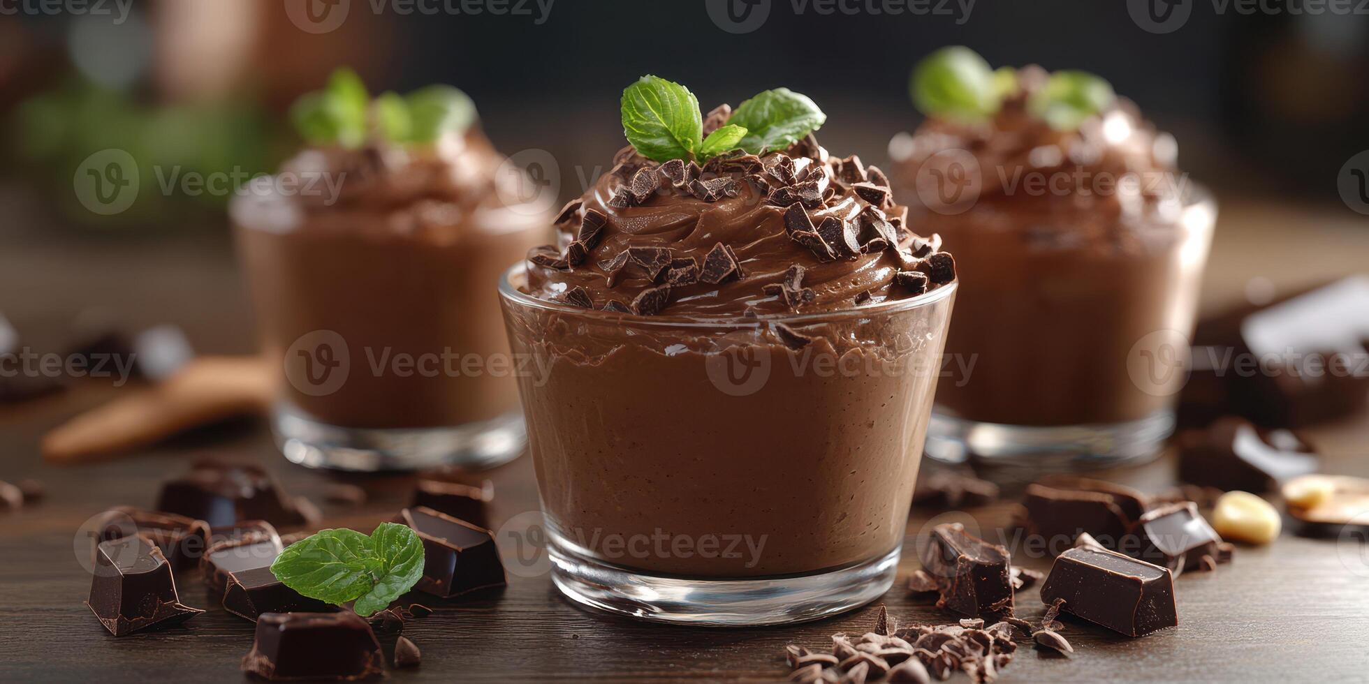 Indulgent dark chocolate mousse garnished with mint leaves on a rustic wooden table photo