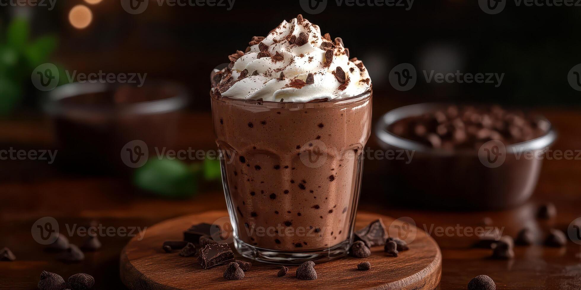 Delicious chocolate milkshake topped with whipped cream and chocolate shavings in a cozy cafe setting during the evening photo