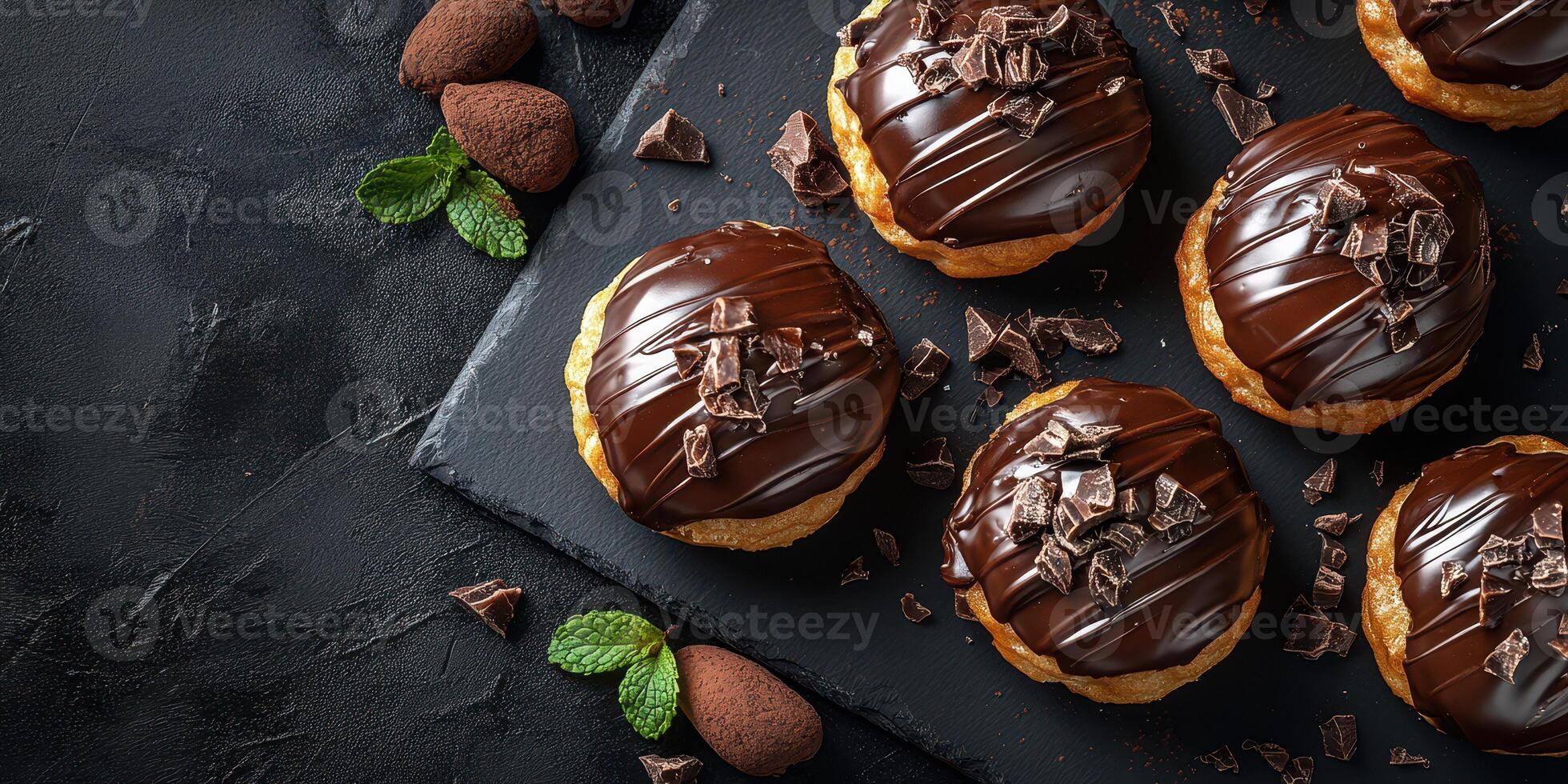 Delicious chocolate desserts arranged on a dark slate surface with mint leaves for a tempting presentation photo