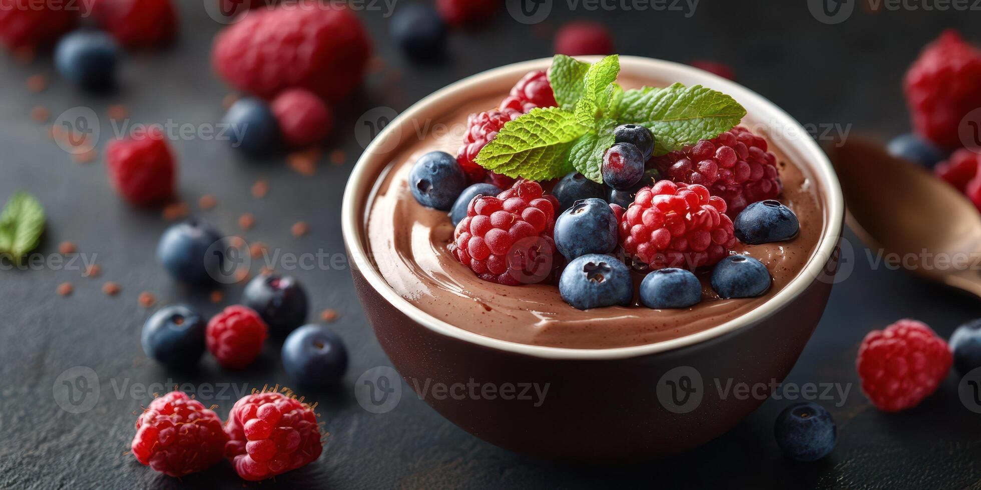 Rich chocolate mousse topped with fresh berries and mint served in a dark bowl on a textured table photo