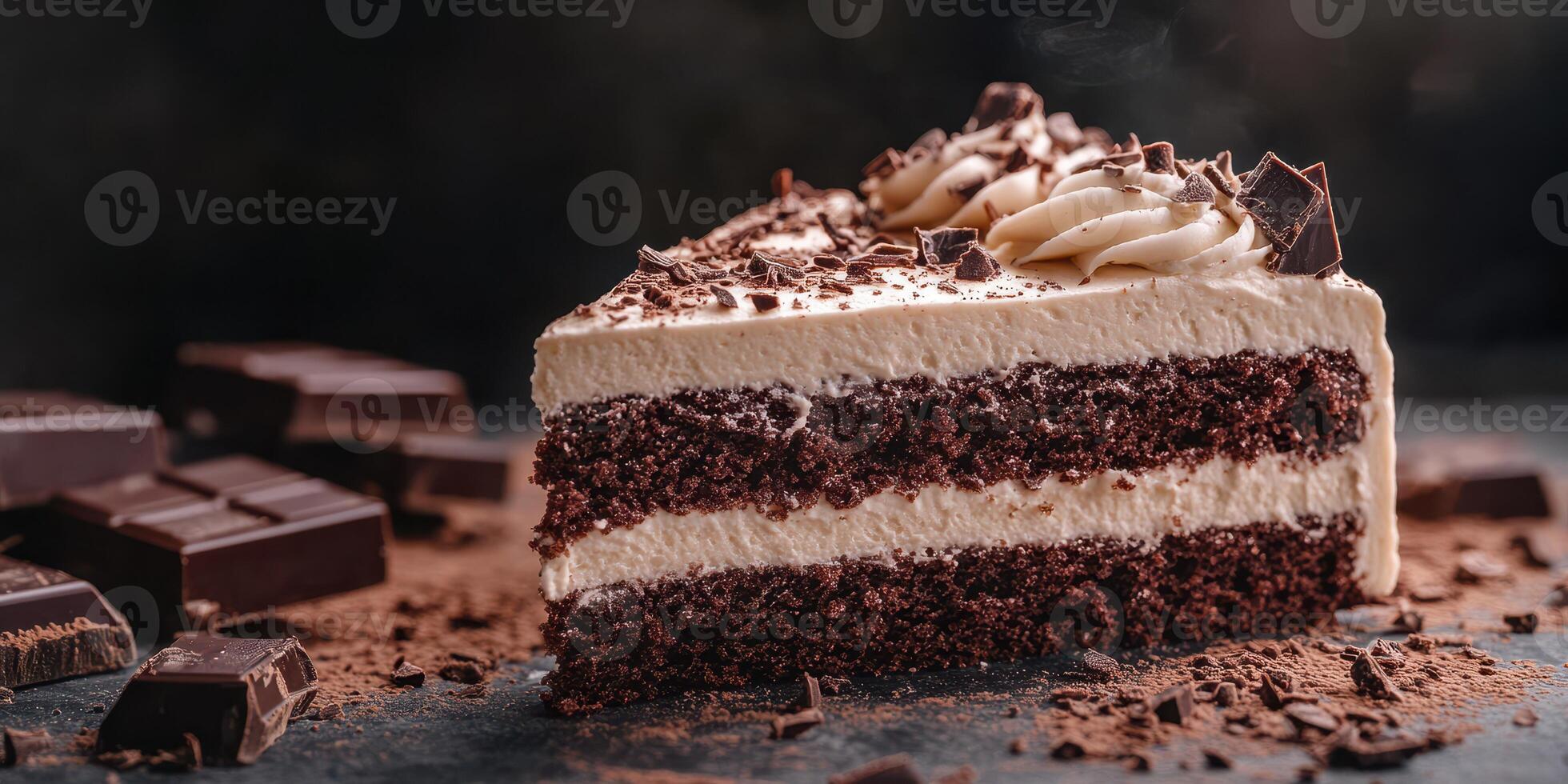 Delicious chocolate cake slice with cream frosting and chocolate shavings on a dark background photo