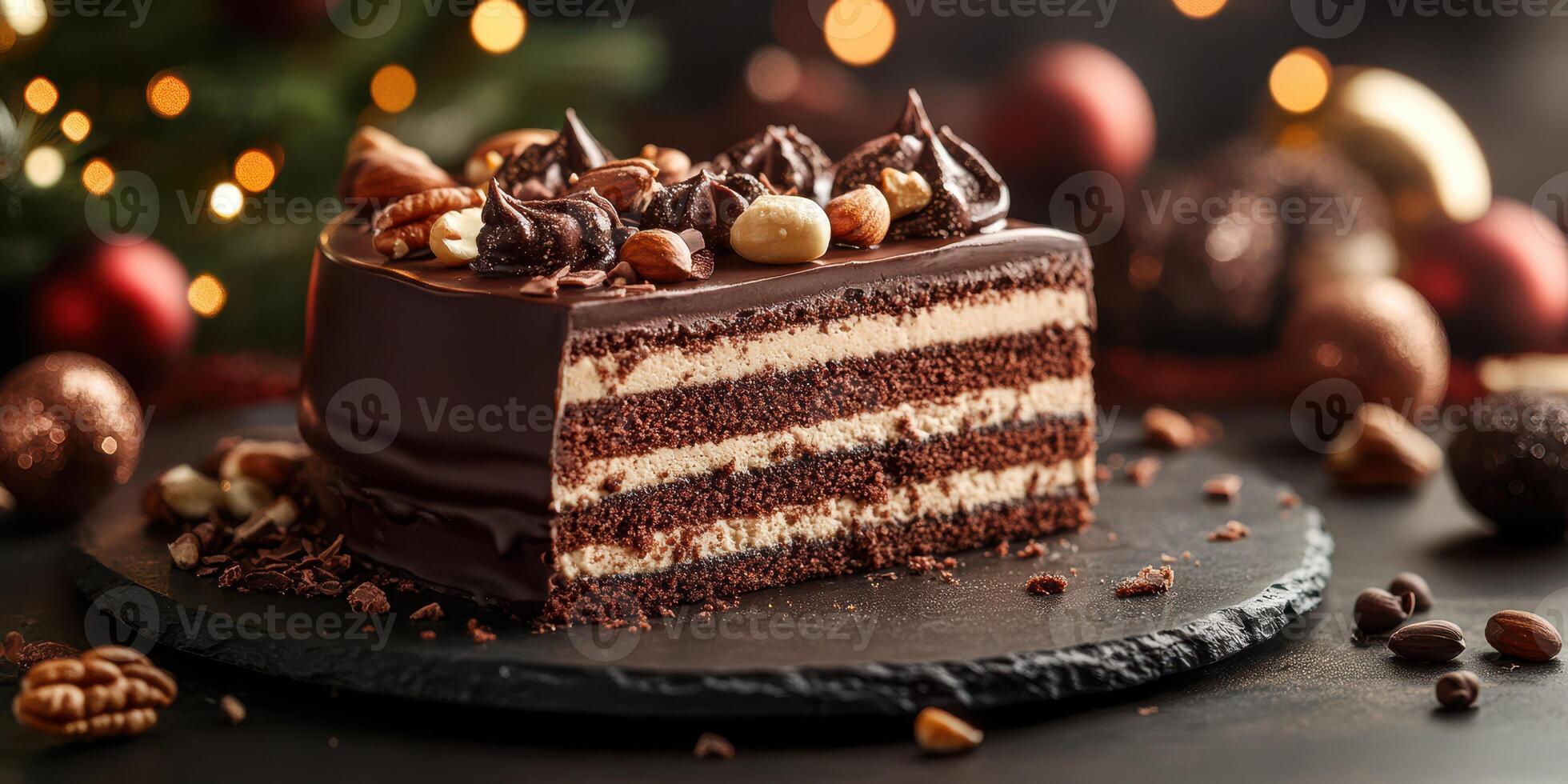 Rich chocolate cake with layers, nuts, and festive decorations on a dark background photo