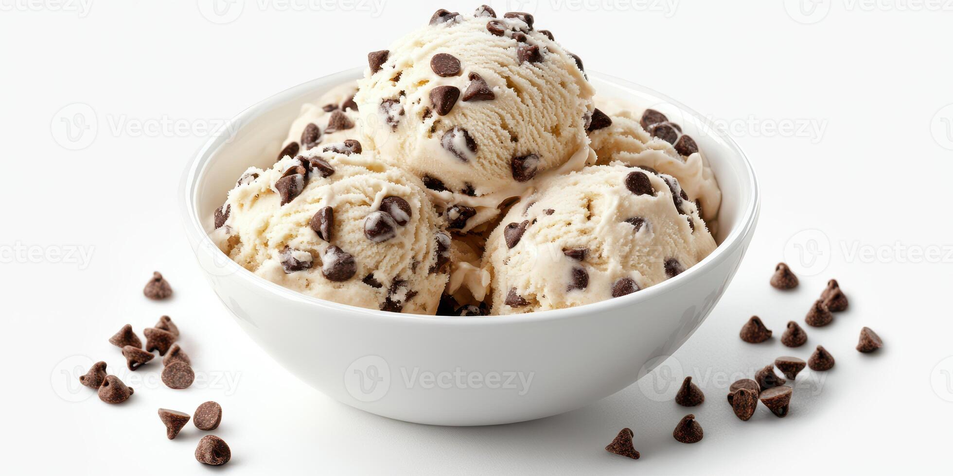 Indulging in creamy vanilla ice cream with chocolate chips served in a white bowl photo